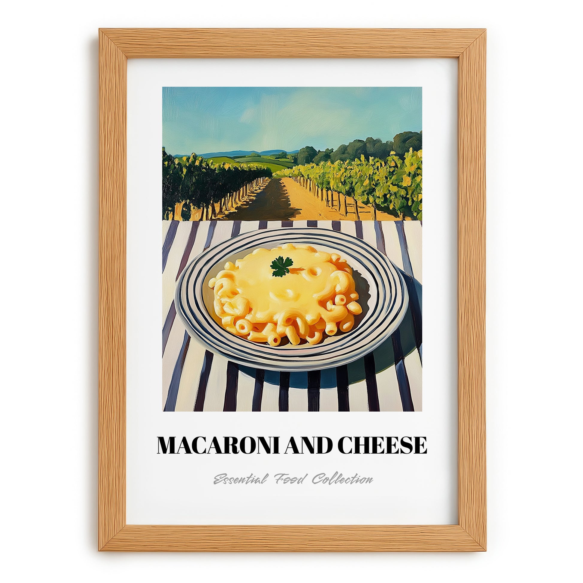 Macaroni And Cheese – Hilltop Café Scene, American Pasta Painting, set in oak frame