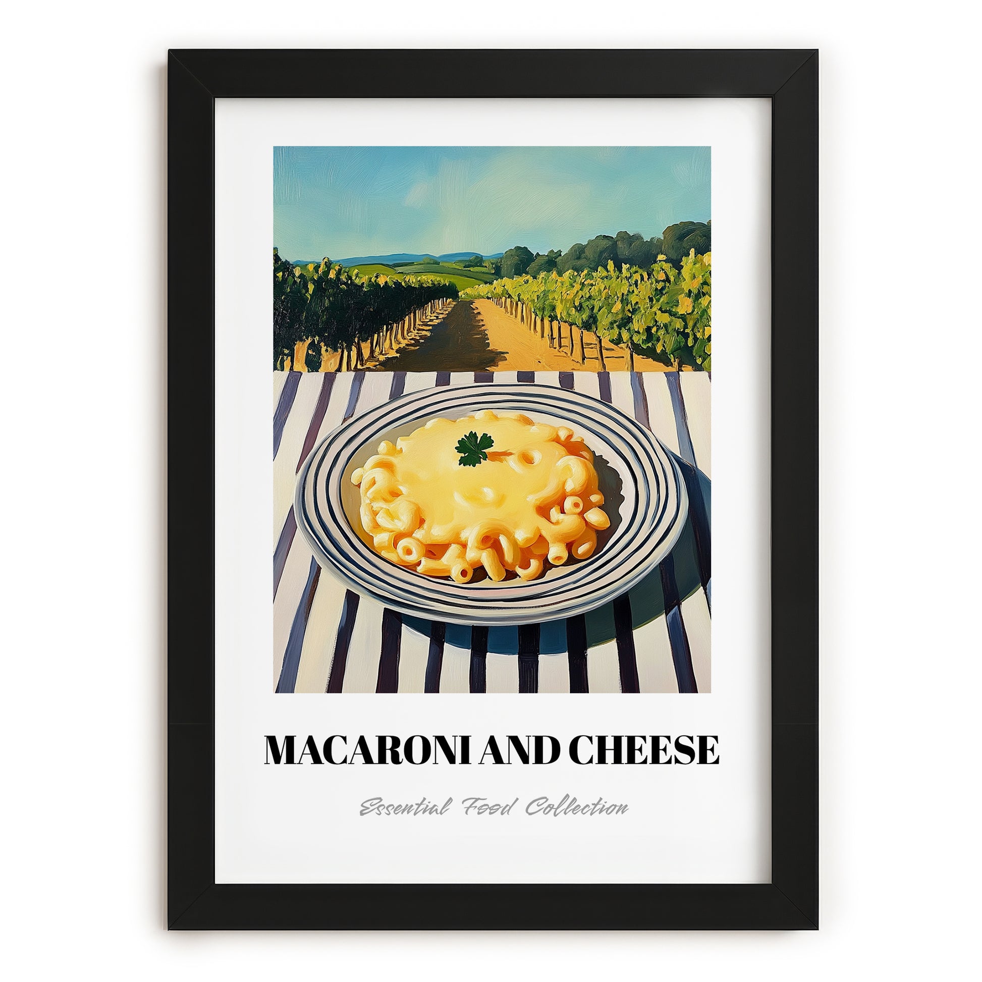 Macaroni And Cheese – Hilltop Café Scene, American Pasta Painting, in sleek black frame