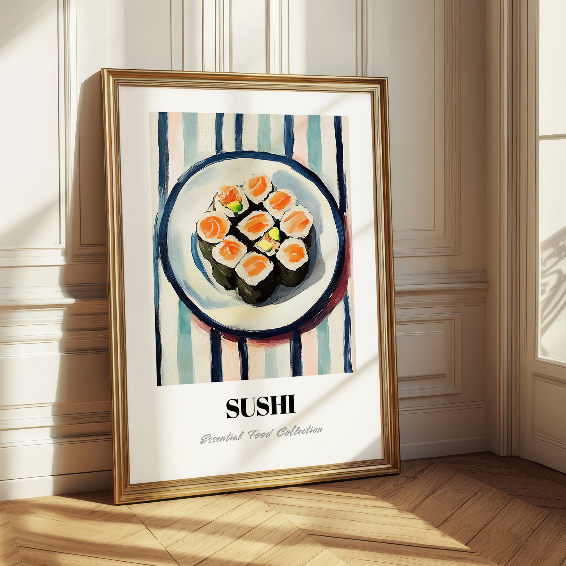 Sushi – on Striped Tablecloth, Japanese Food Illustration