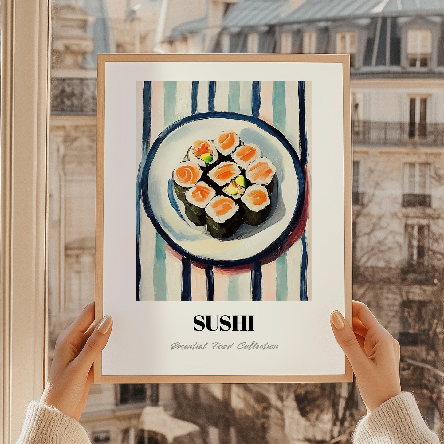 Sushi – on Striped Tablecloth, Japanese Food Illustration, styled in a charming Paris street view