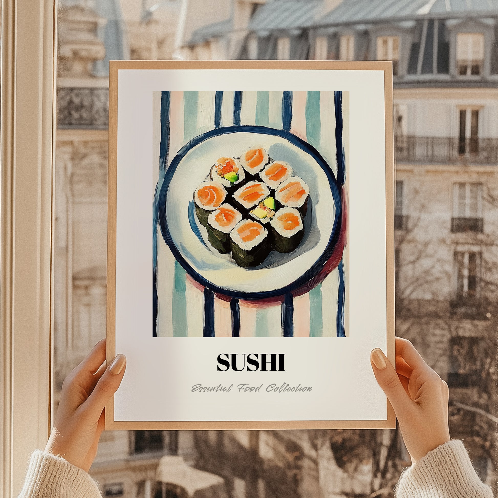 Sushi – on Striped Tablecloth, Japanese Food Illustration, styled in a charming Paris street view