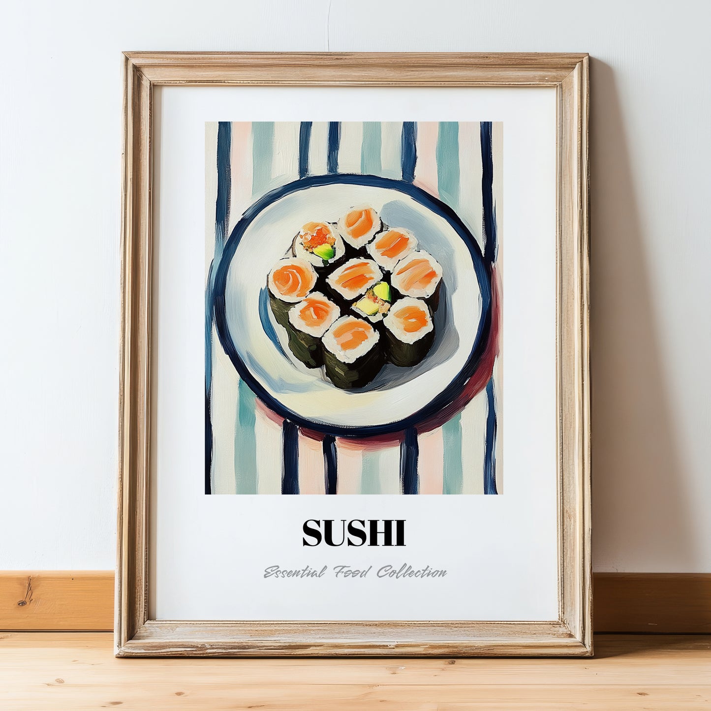 Sushi – on Striped Tablecloth, Japanese Food Illustration, in wooden frame leaning on the floor