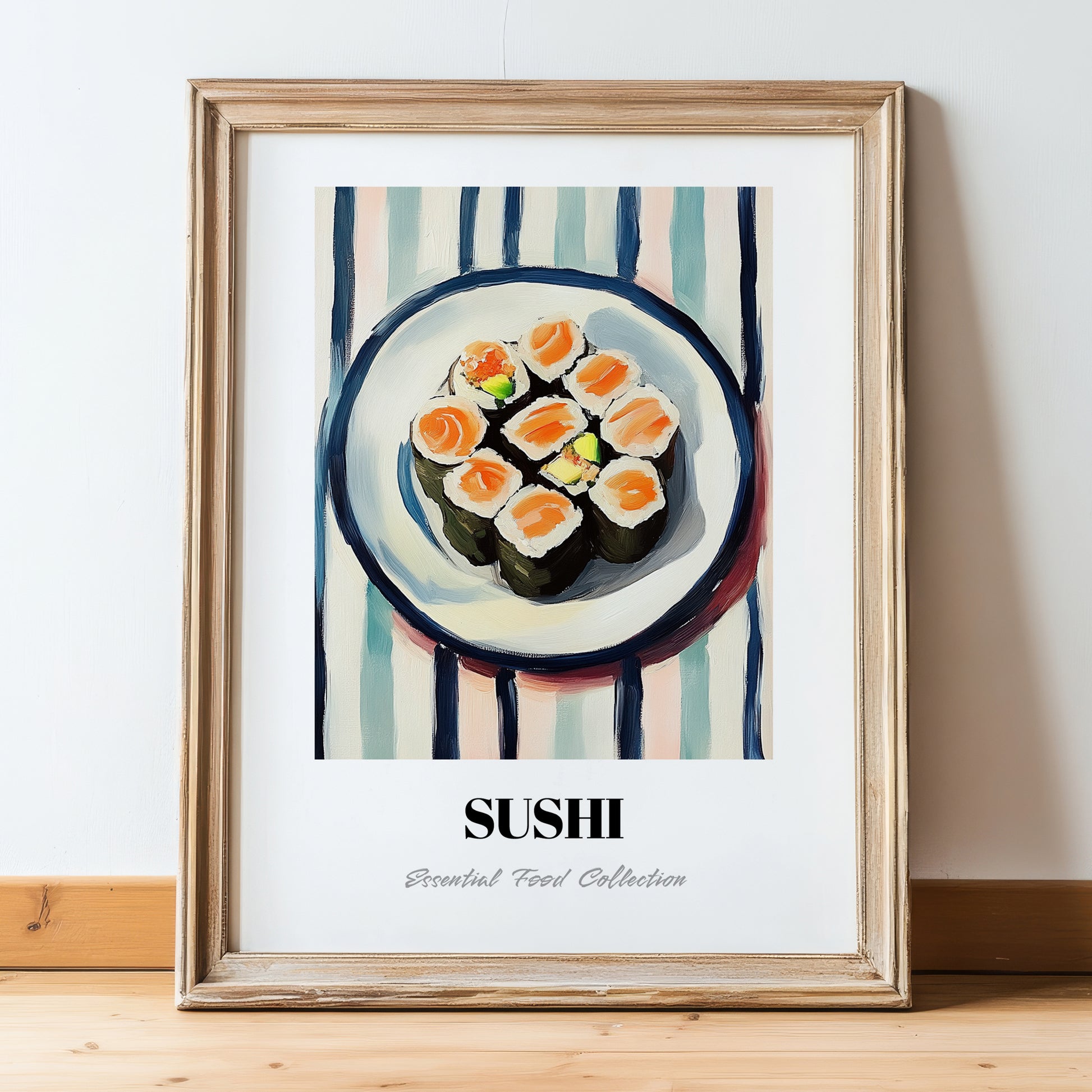 Sushi – on Striped Tablecloth, Japanese Food Illustration, in wooden frame leaning on the floor
