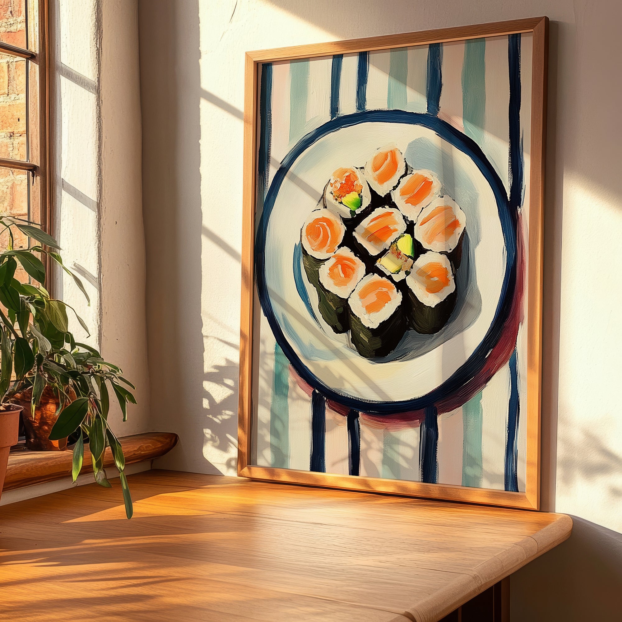 Sushi – on Striped Tablecloth, Japanese Food Illustration, clean layout with no caption