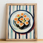 Sushi – on Striped Tablecloth, Japanese Food Illustration, no-text version framed in wood