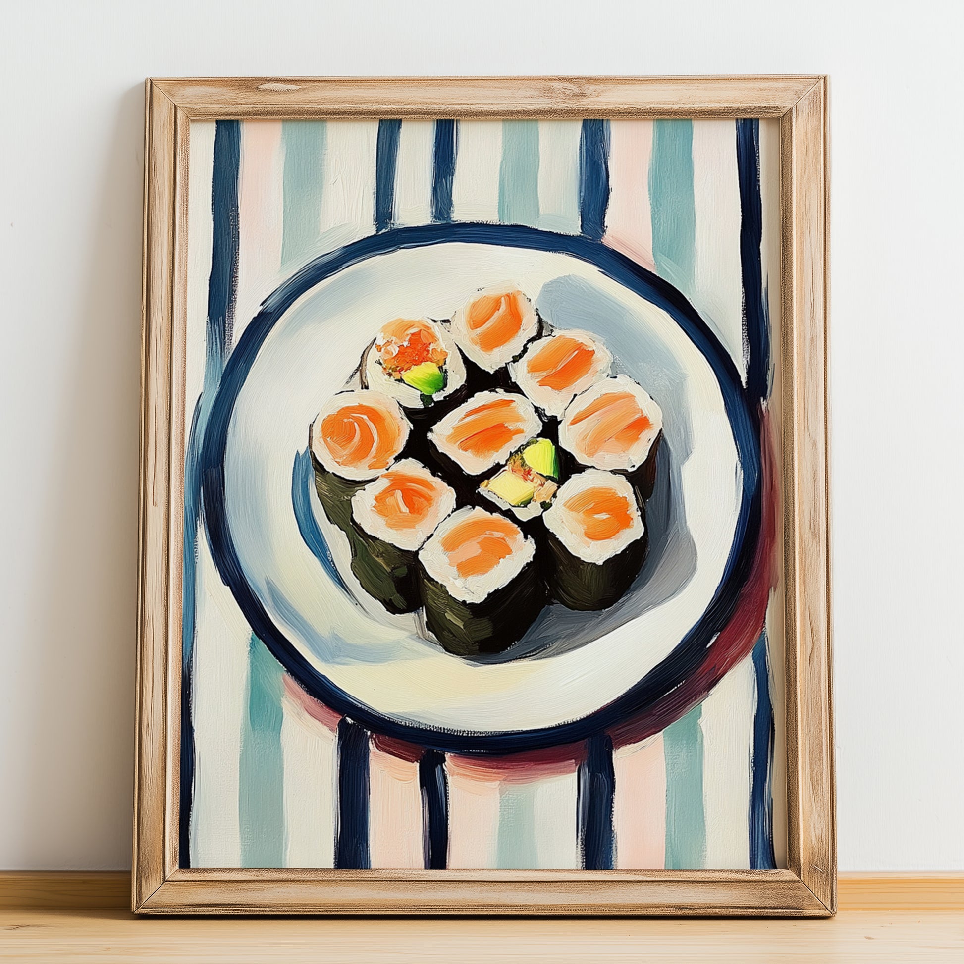 Sushi – on Striped Tablecloth, Japanese Food Illustration, no-text version framed in wood