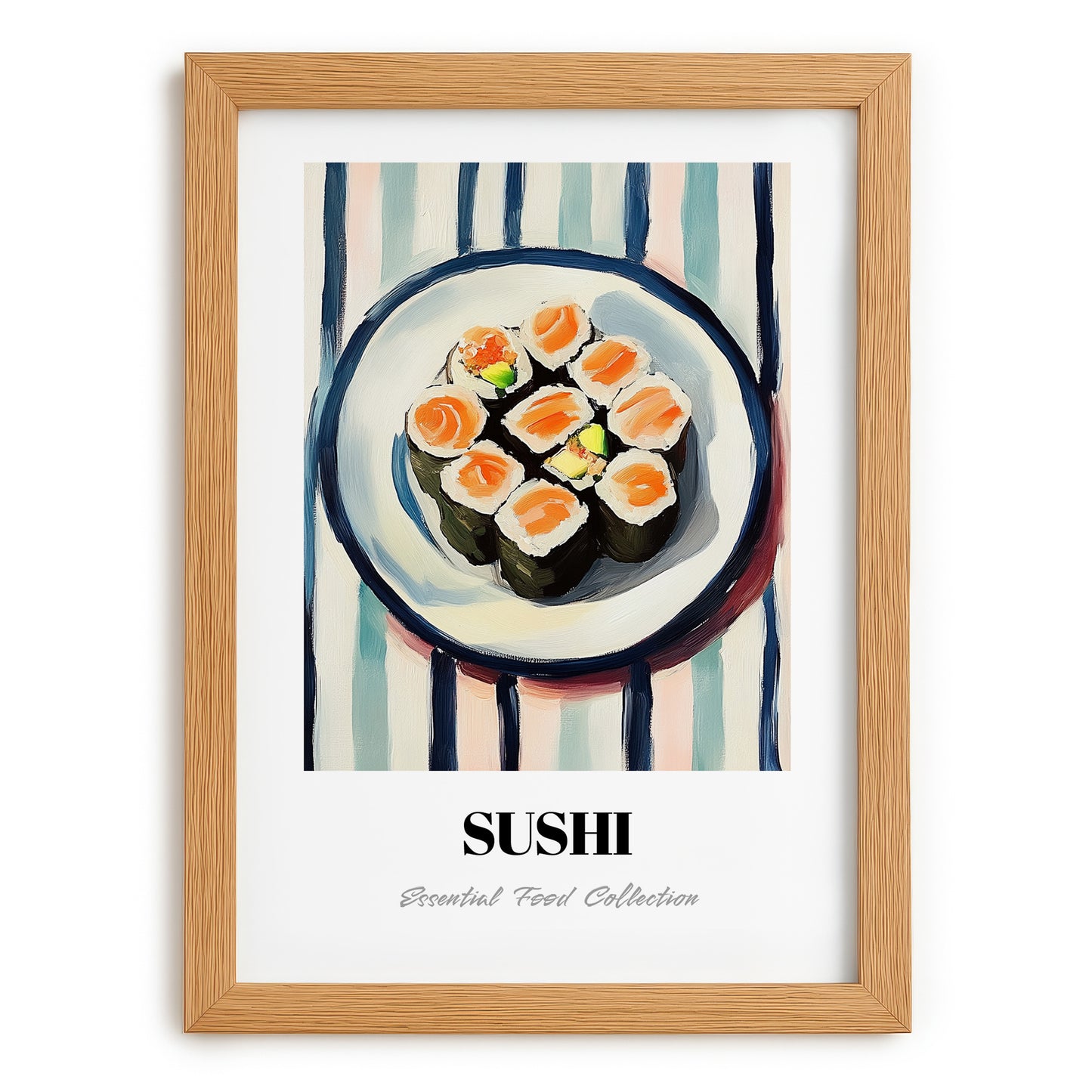Sushi – on Striped Tablecloth, Japanese Food Illustration, set in oak frame