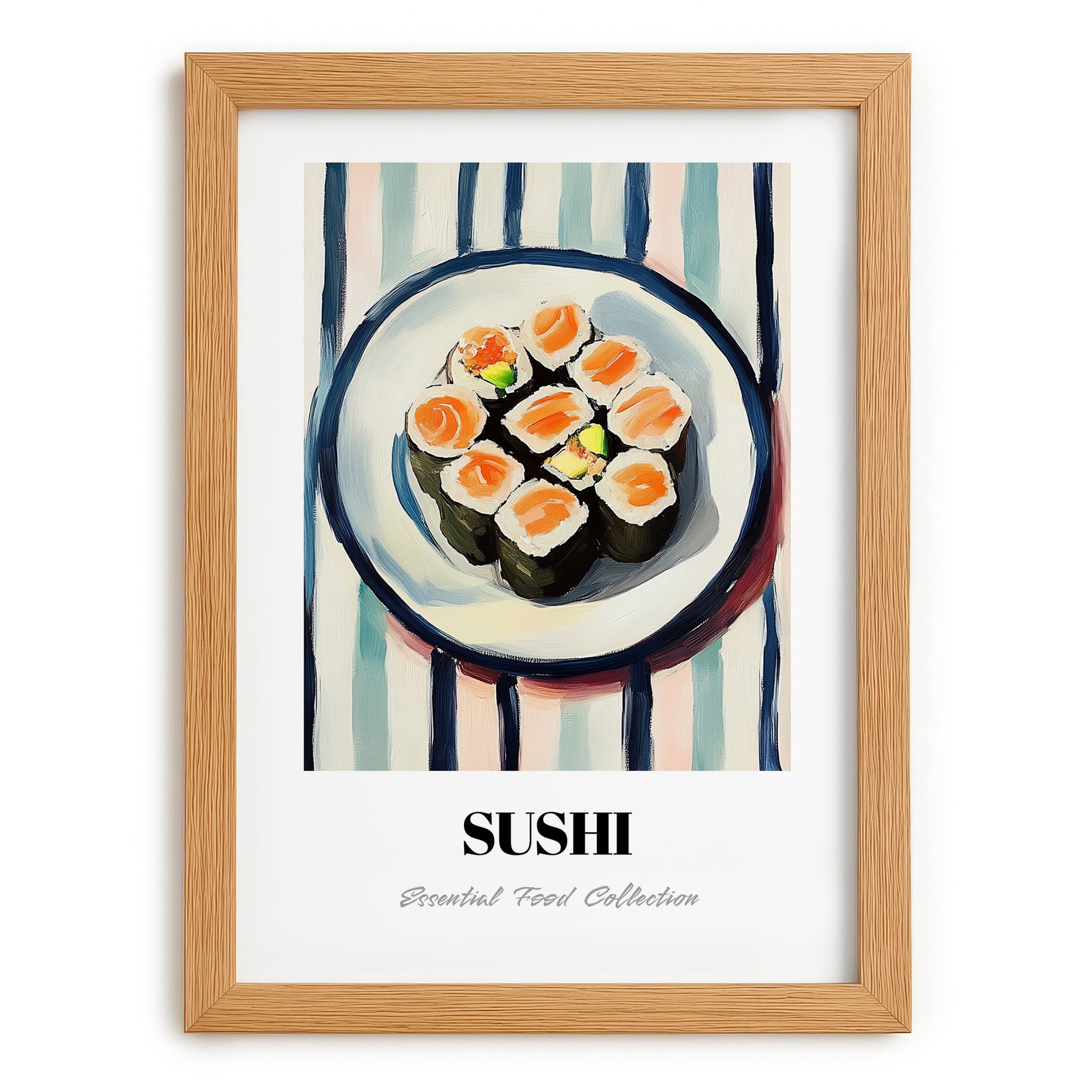 Sushi – on Striped Tablecloth, Japanese Food Illustration, set in oak frame