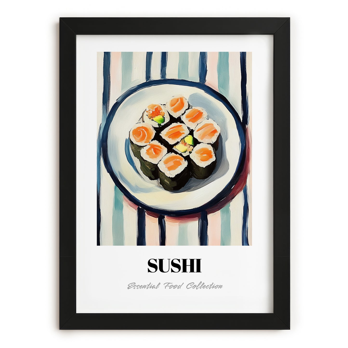 Sushi – on Striped Tablecloth, Japanese Food Illustration, in sleek black frame
