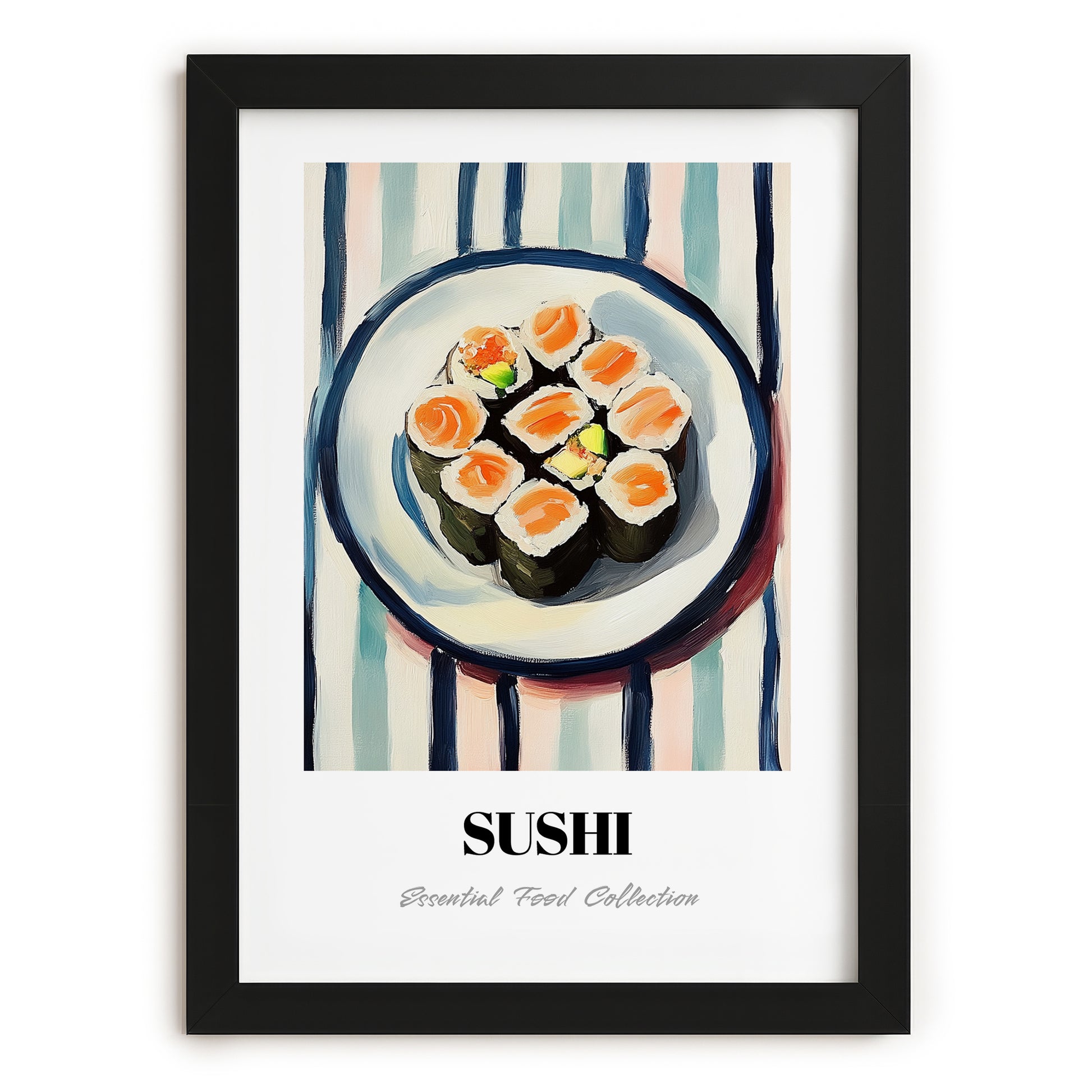 Sushi – on Striped Tablecloth, Japanese Food Illustration, in sleek black frame