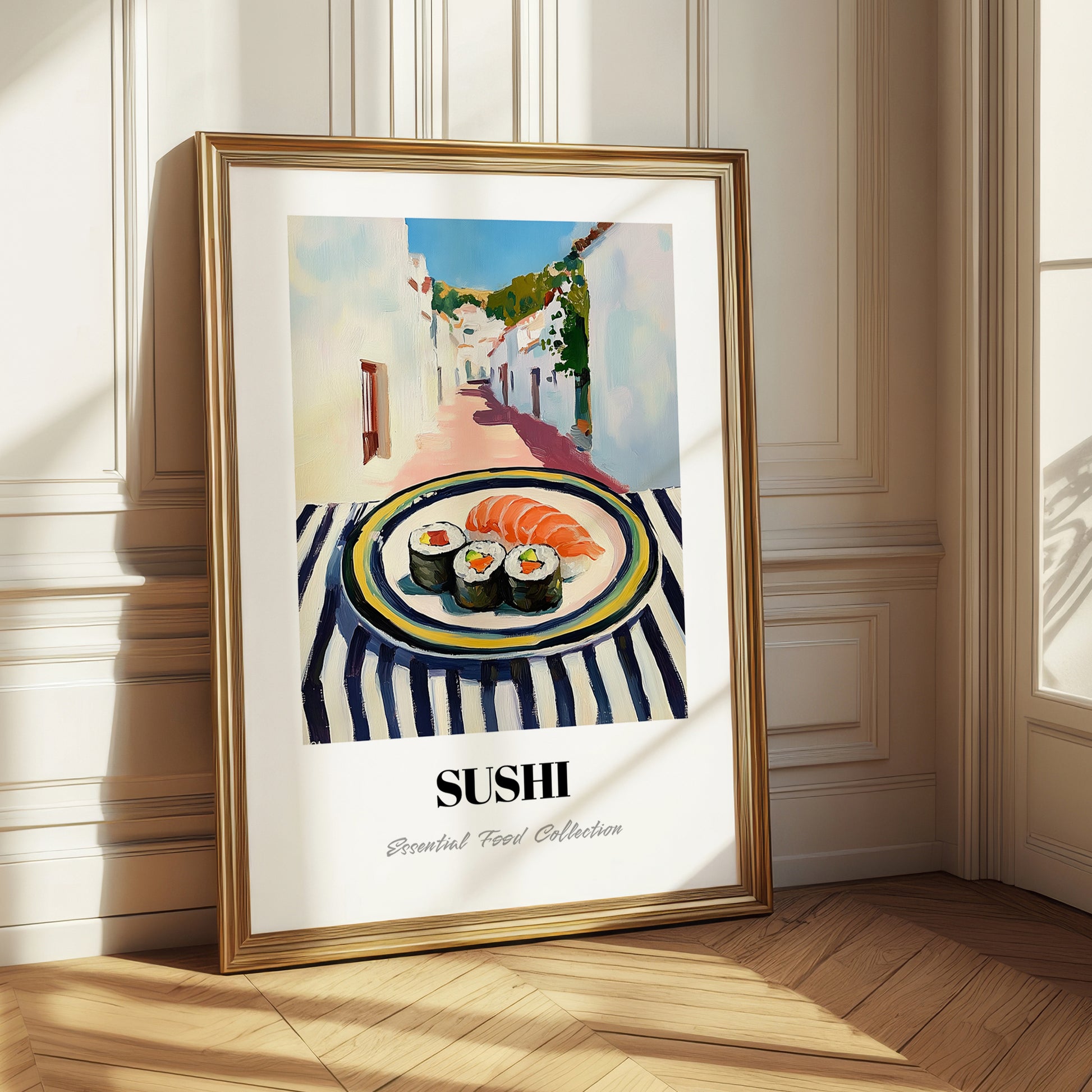 Sushi – White village Street Café Scene, Japanese Food Painting
