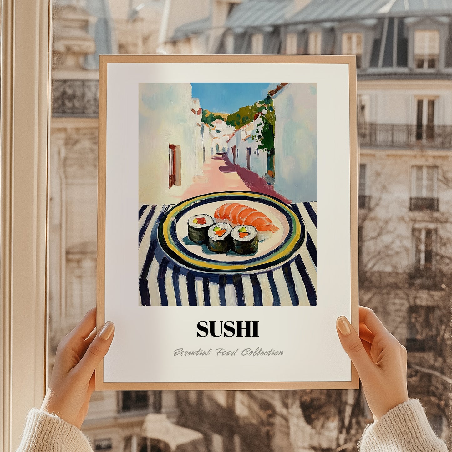 Sushi – White village Street Café Scene, Japanese Food Painting, styled in a charming Paris street view