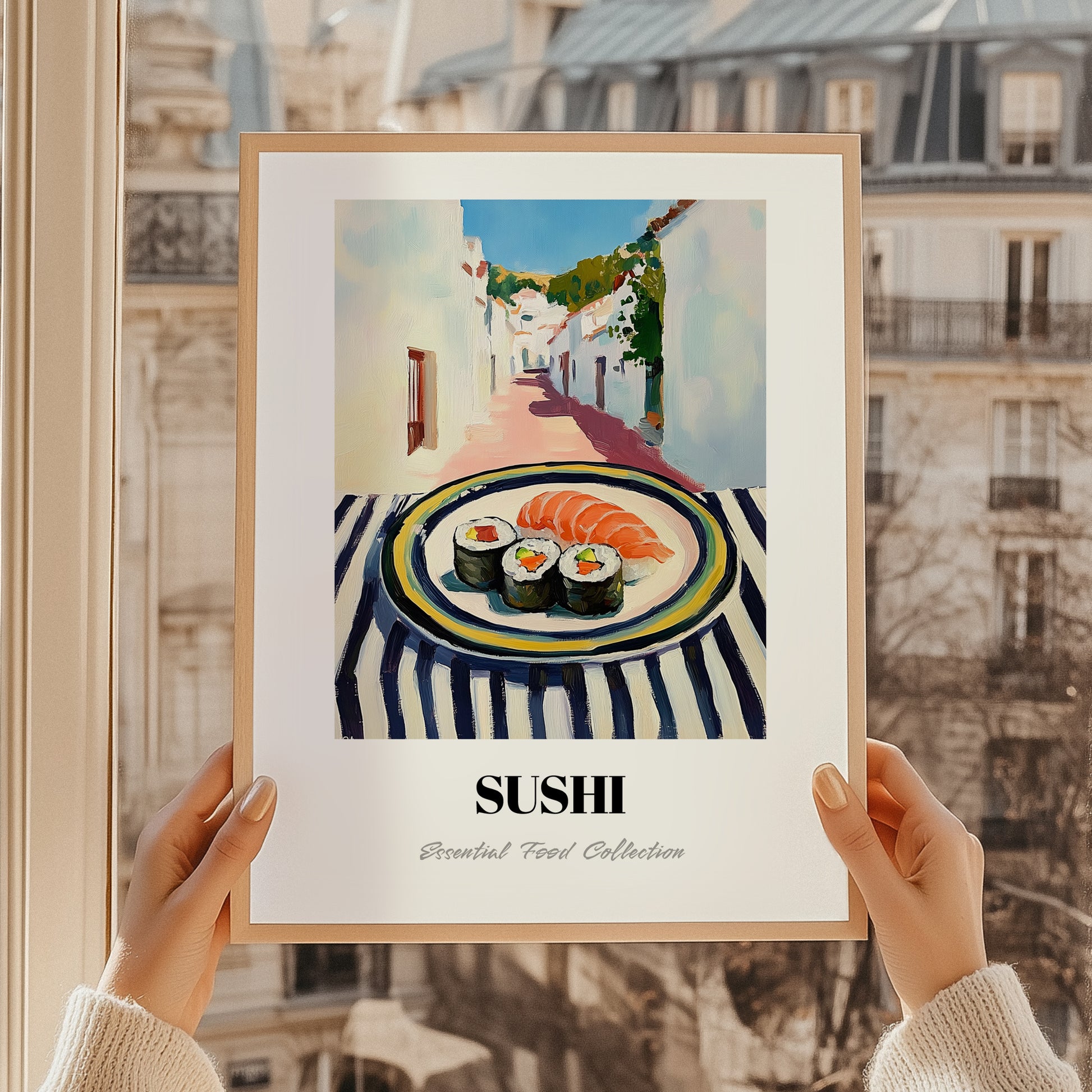 Sushi – White village Street Café Scene, Japanese Food Painting, styled in a charming Paris street view