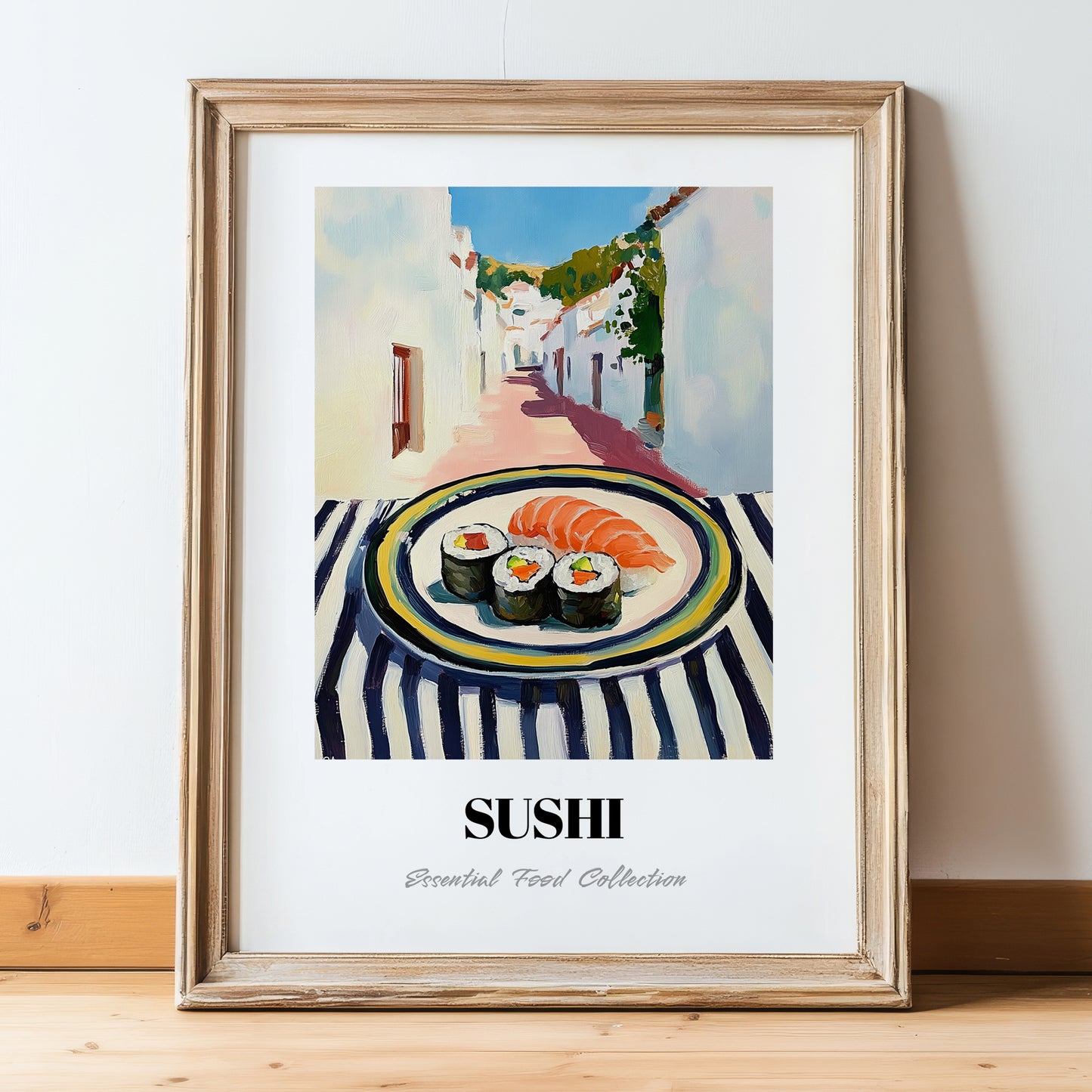 Sushi – White village Street Café Scene, Japanese Food Painting, in wooden frame leaning on the floor