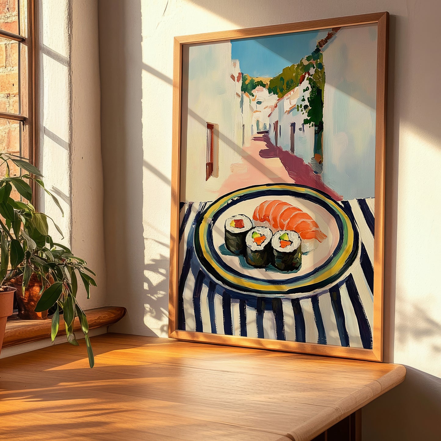 Sushi – White village Street Café Scene, Japanese Food Painting, clean layout with no caption
