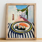 Sushi – White village Street Café Scene, Japanese Food Painting, no-text version framed in wood