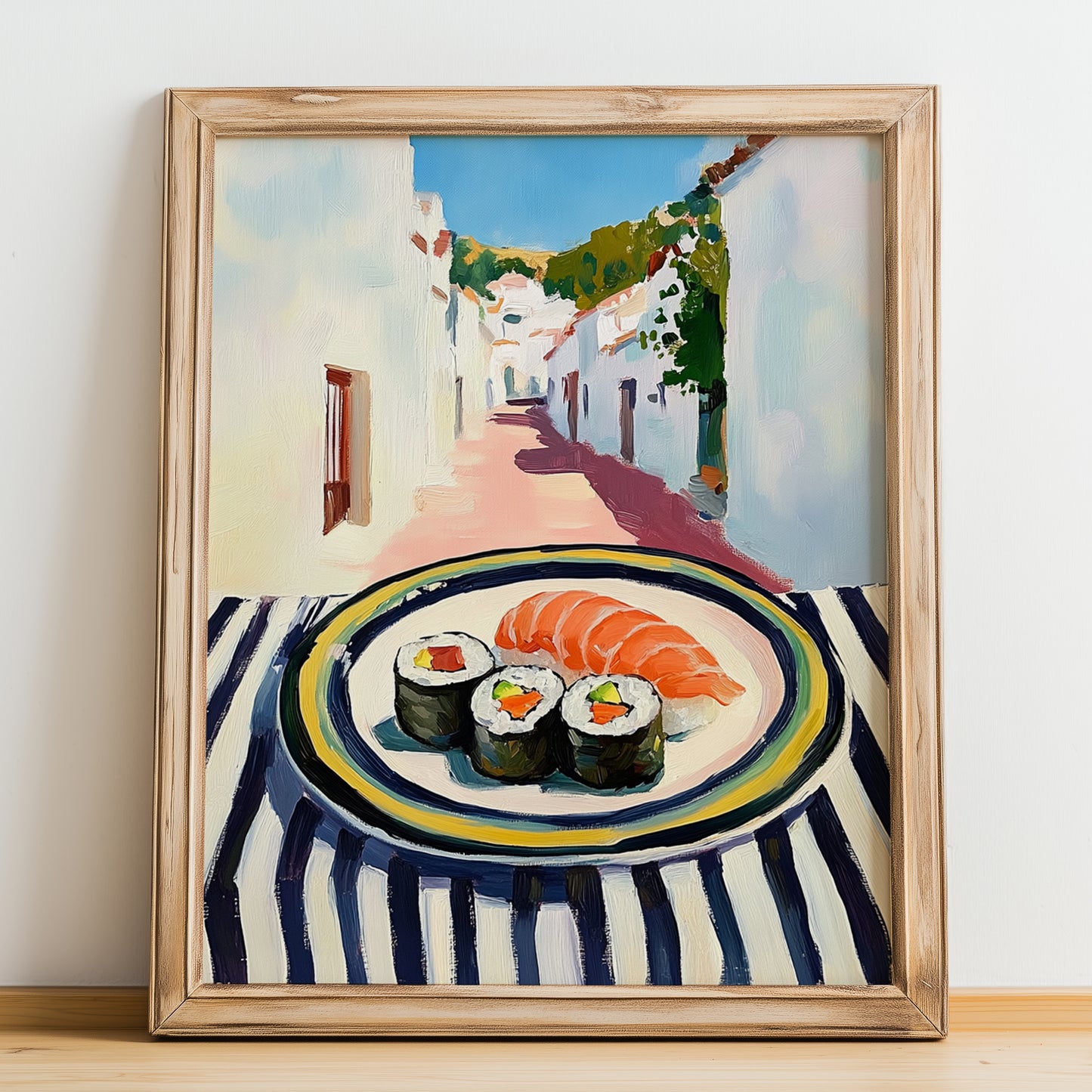 Sushi – White village Street Café Scene, Japanese Food Painting, no-text version framed in wood