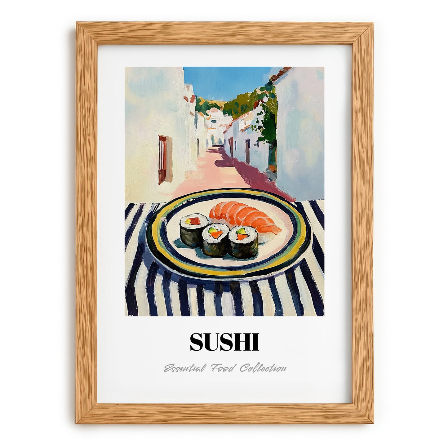 Sushi – White village Street Café Scene, Japanese Food Painting, set in oak frame
