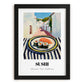 Sushi – White village Street Café Scene, Japanese Food Painting, in sleek black frame