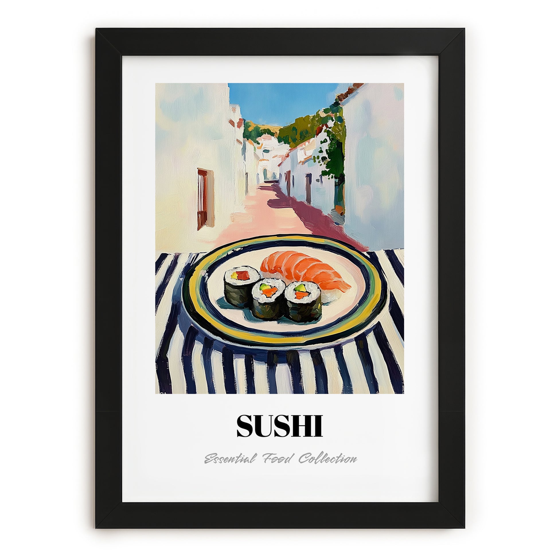 Sushi – White village Street Café Scene, Japanese Food Painting, in sleek black frame