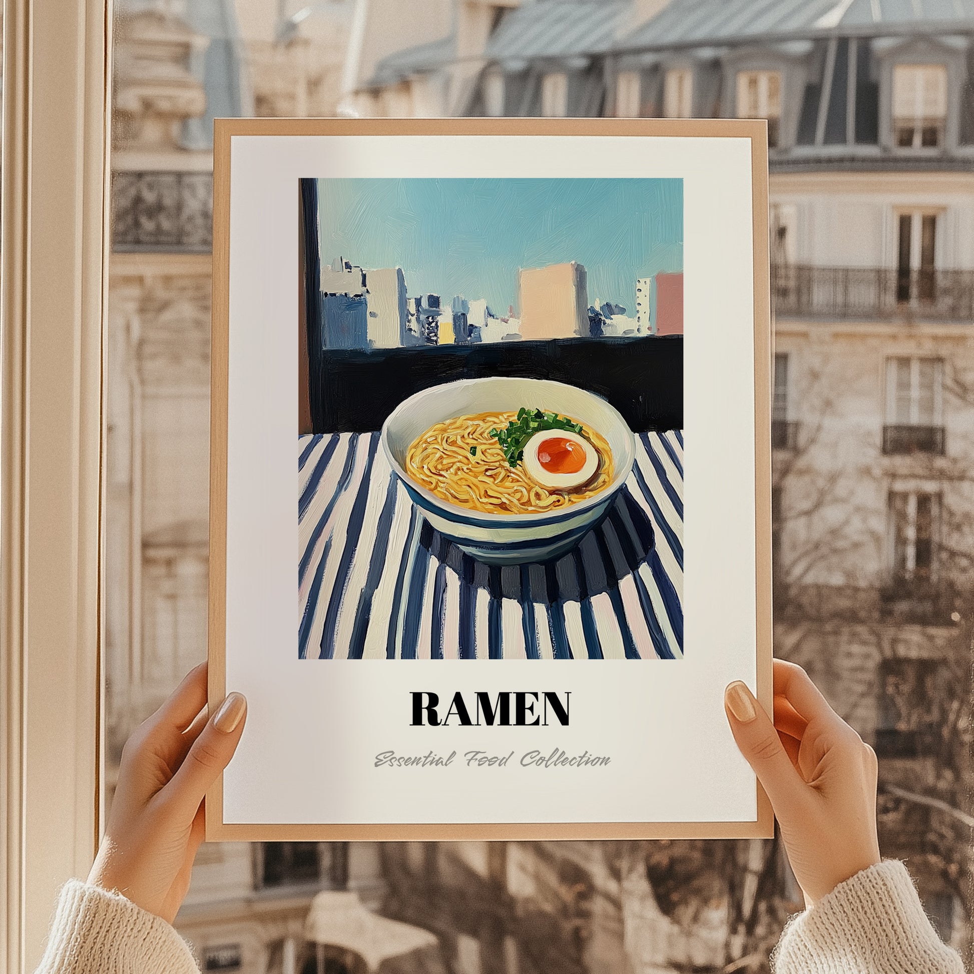 Ramen – Tokyo Skyline Café Scene, Japanese Pasta Wall Decor, styled in a charming Paris street view