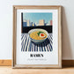 Ramen – Tokyo Skyline Café Scene, Japanese Pasta Wall Decor, in wooden frame leaning on the floor
