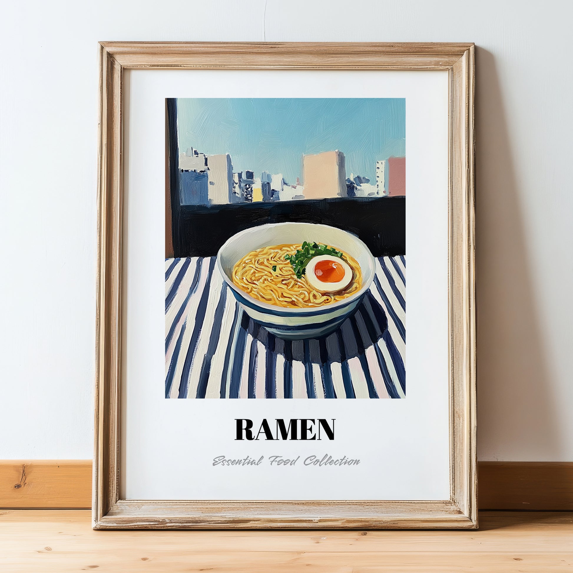 Ramen – Tokyo Skyline Café Scene, Japanese Pasta Wall Decor, in wooden frame leaning on the floor