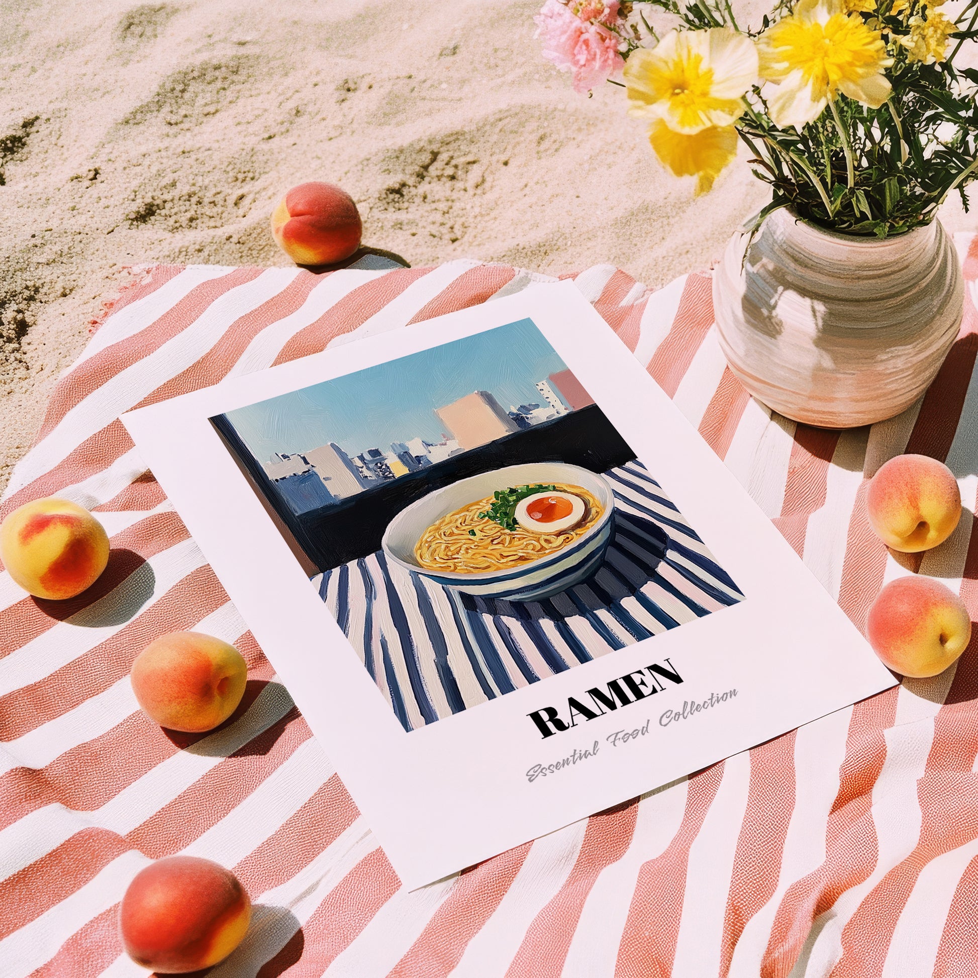 Ramen – Tokyo Skyline Café Scene, Japanese Pasta Wall Decor, unframed on coastal sand
