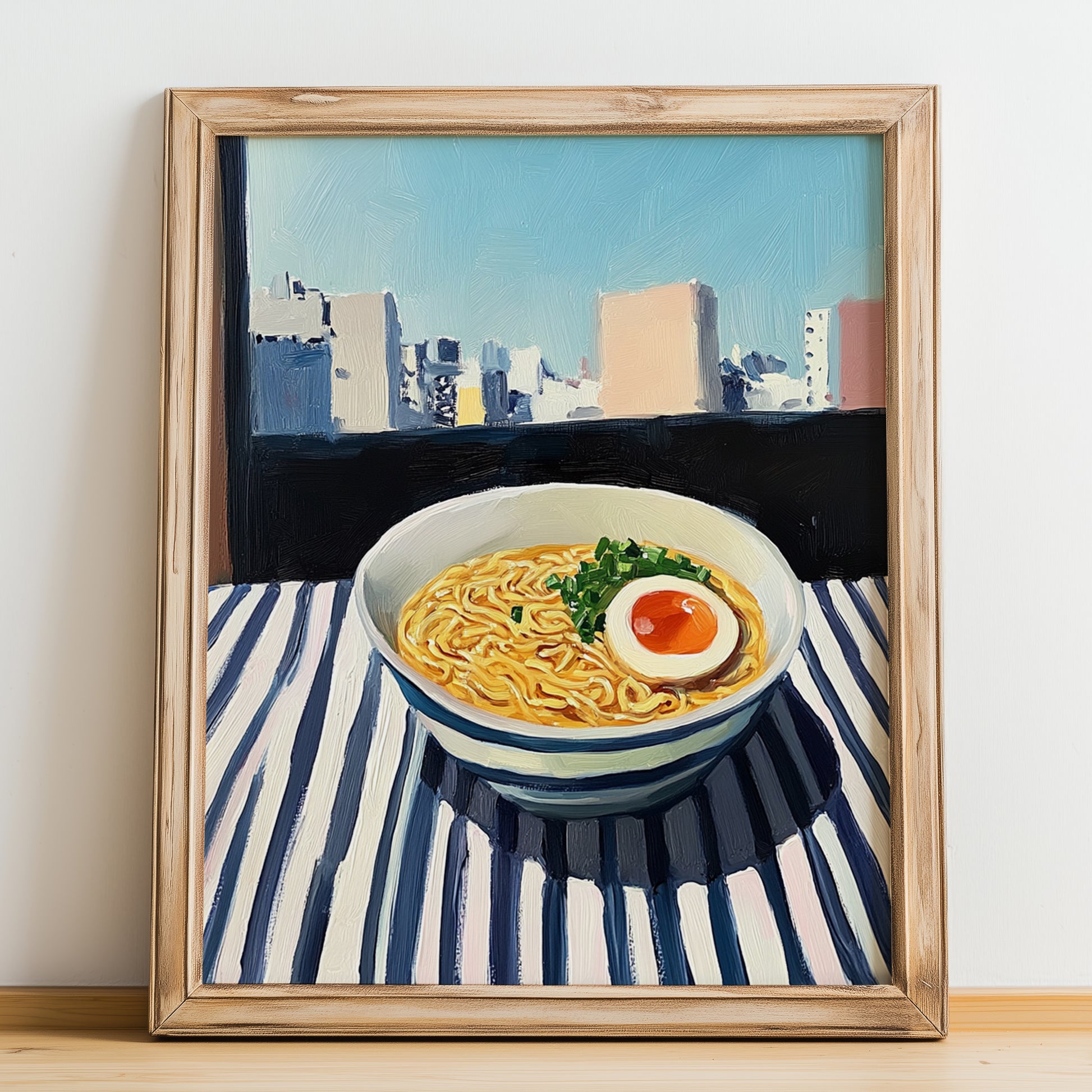 Ramen – Tokyo Skyline Café Scene, Japanese Pasta Wall Decor, no-text version framed in wood