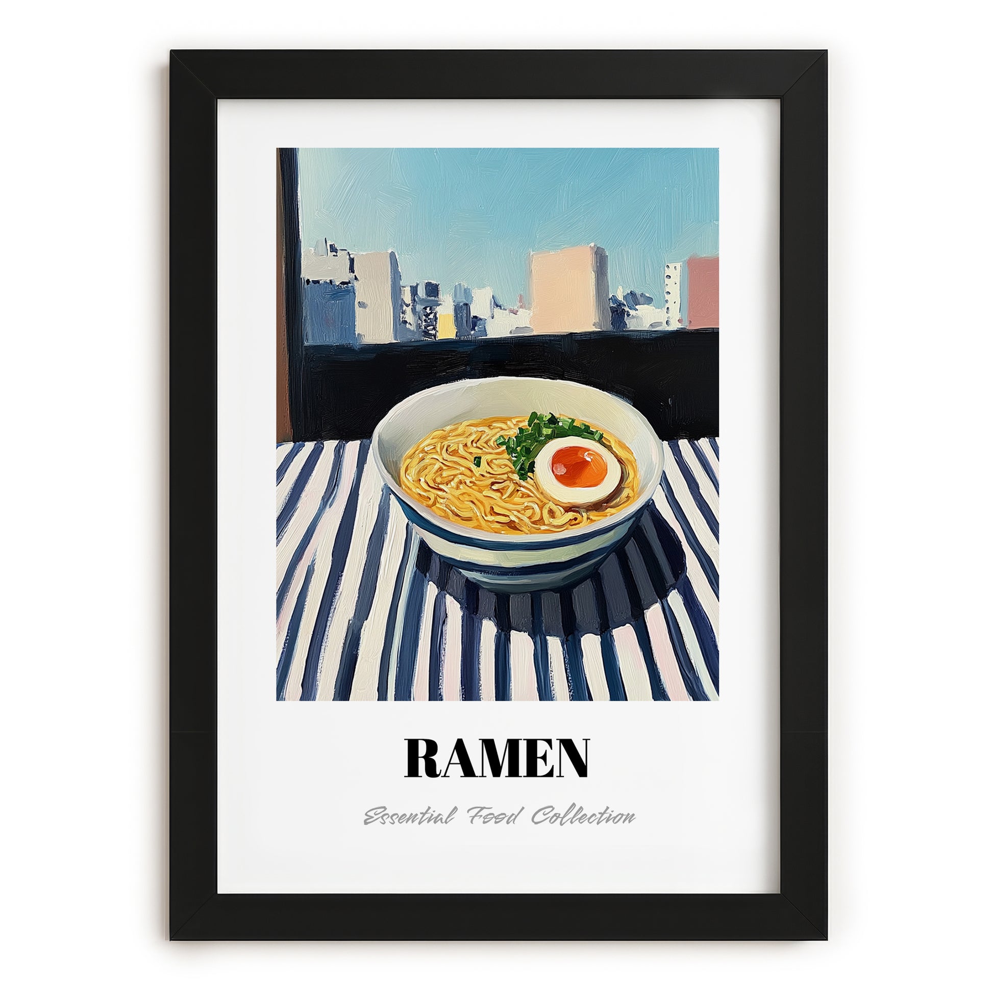 Ramen – Tokyo Skyline Café Scene, Japanese Pasta Wall Decor, in sleek black frame