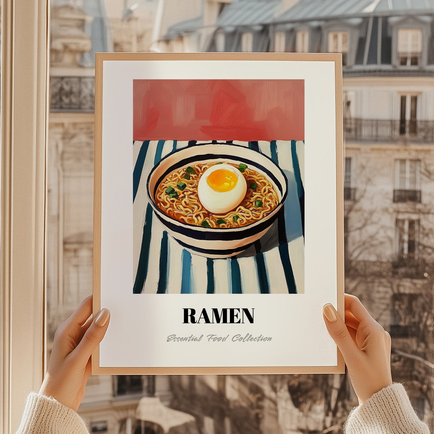 Ramen – on Striped Tablecloth, Japanese Pasta Poster, styled in a charming Paris street view