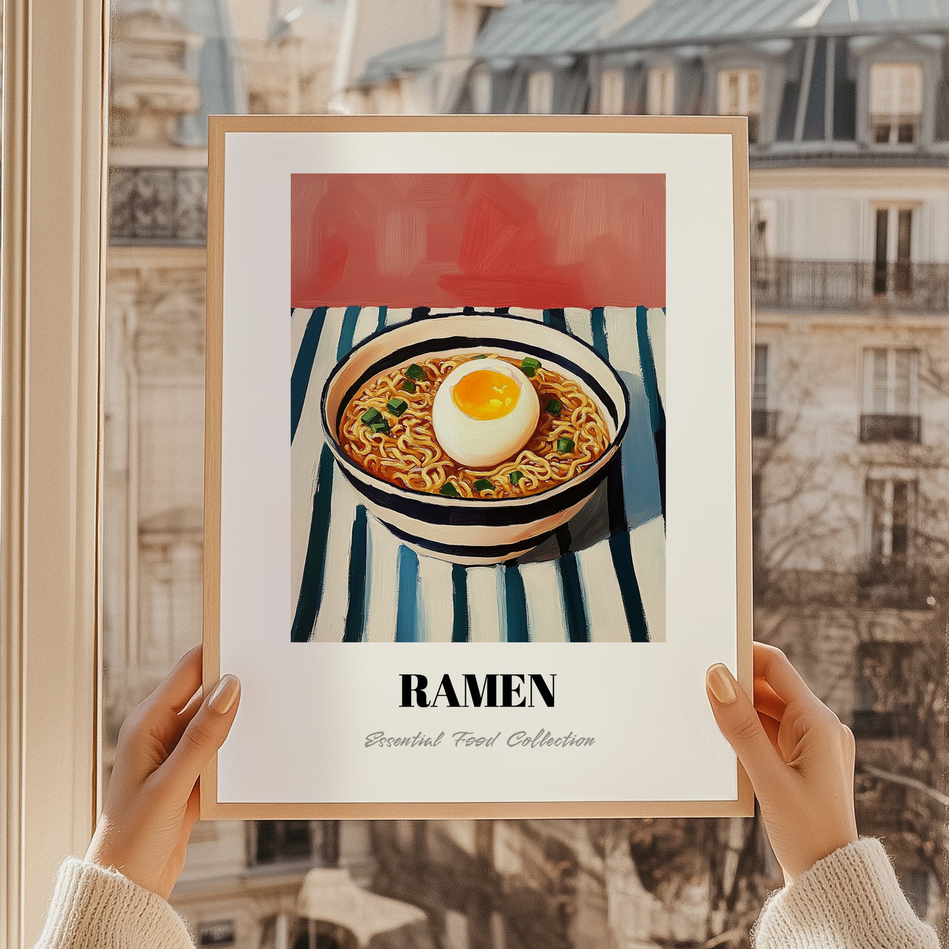 Ramen – on Striped Tablecloth, Japanese Pasta Poster, styled in a charming Paris street view