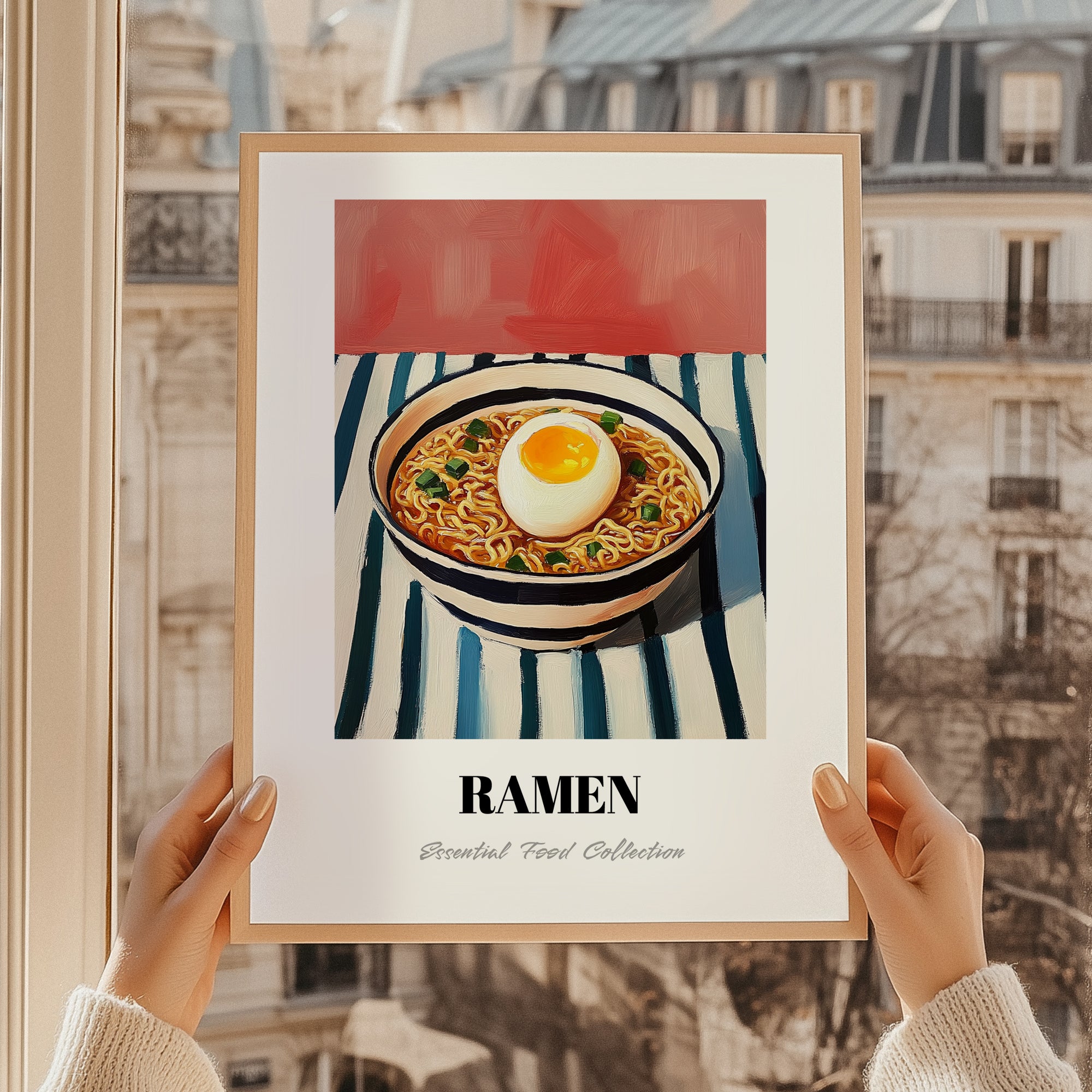 Ramen – on Striped Tablecloth, Japanese Pasta Poster, styled in a charming Paris street view