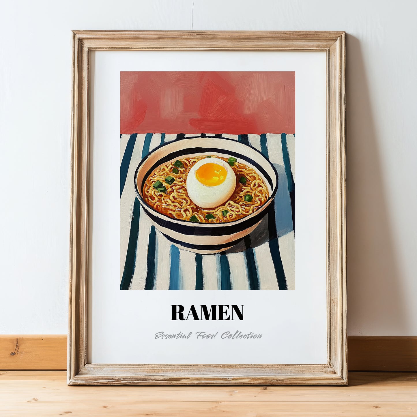 Ramen – on Striped Tablecloth, Japanese Pasta Poster, in wooden frame leaning on the floor