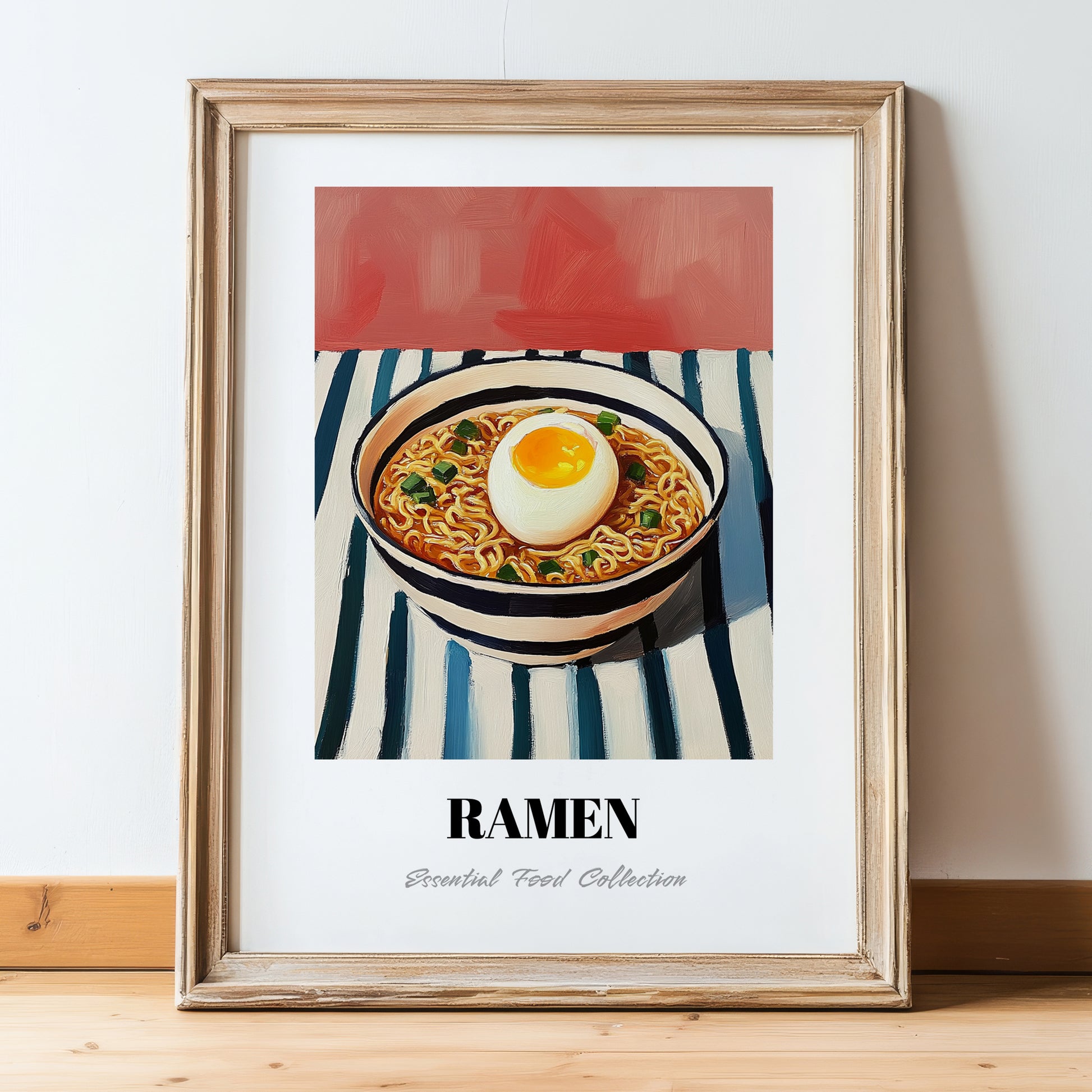 Ramen – on Striped Tablecloth, Japanese Pasta Poster, in wooden frame leaning on the floor