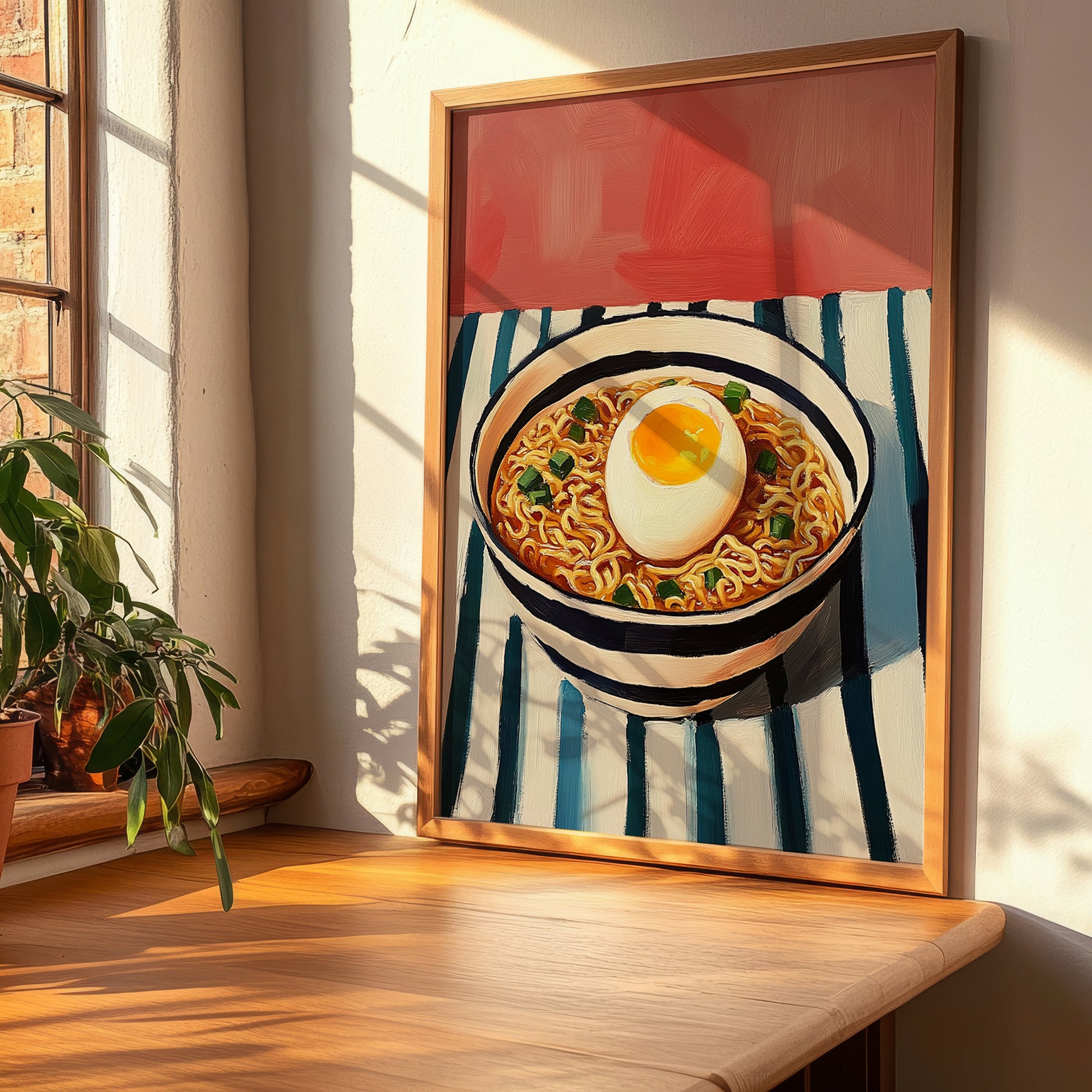 Ramen – on Striped Tablecloth, Japanese Pasta Poster, clean layout with no caption