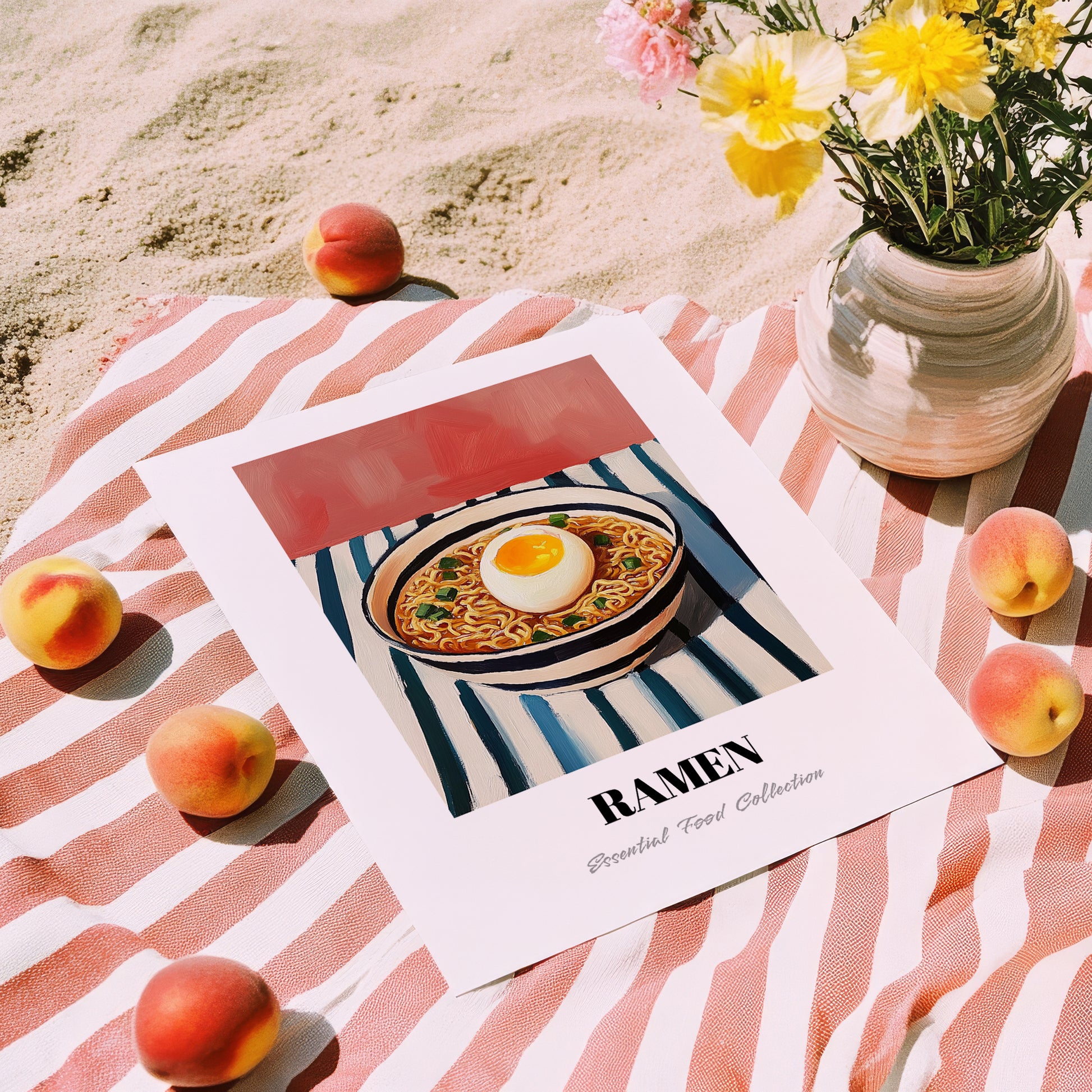 Ramen – on Striped Tablecloth, Japanese Pasta Poster, unframed on coastal sand