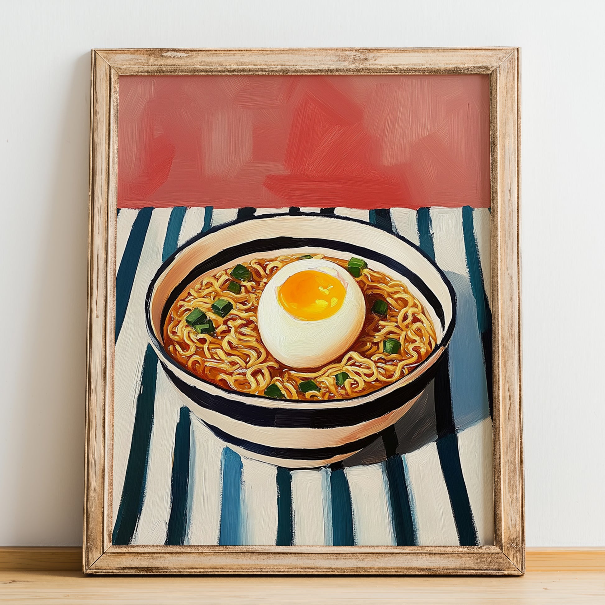 Ramen – on Striped Tablecloth, Japanese Pasta Poster, no-text version framed in wood