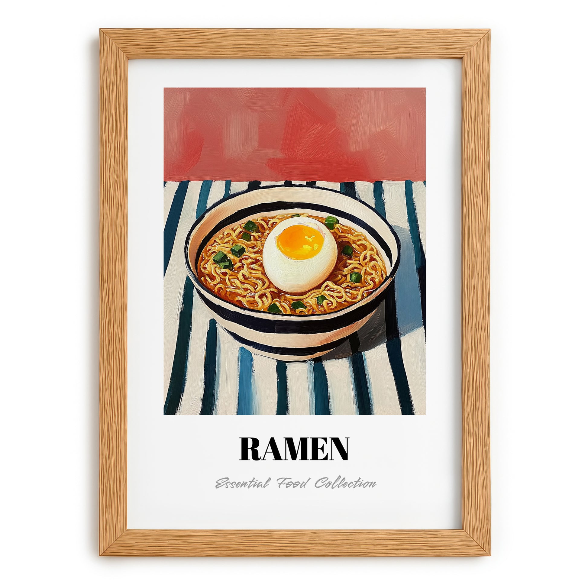Ramen – on Striped Tablecloth, Japanese Pasta Poster, set in oak frame