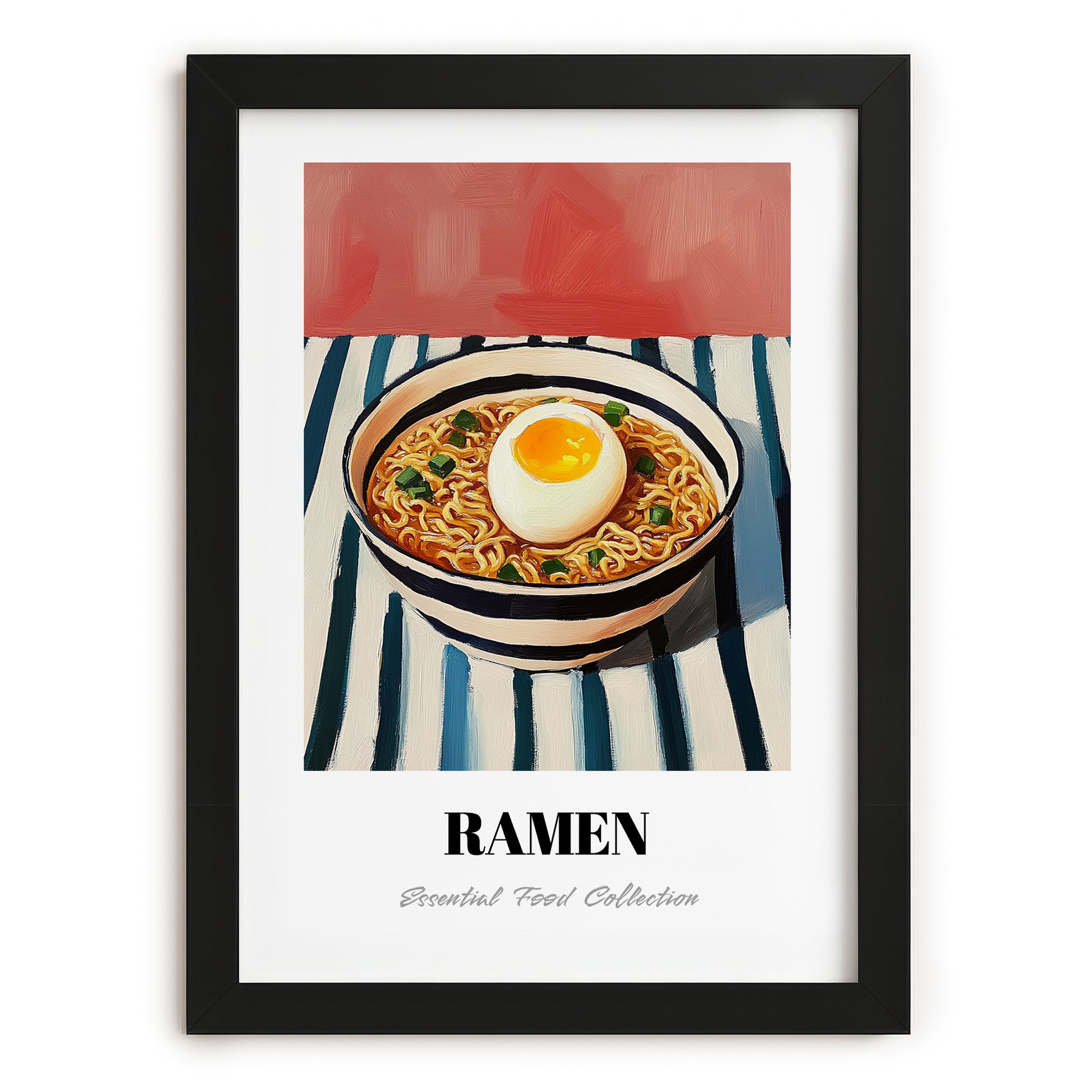 Ramen – on Striped Tablecloth, Japanese Pasta Poster, in sleek black frame