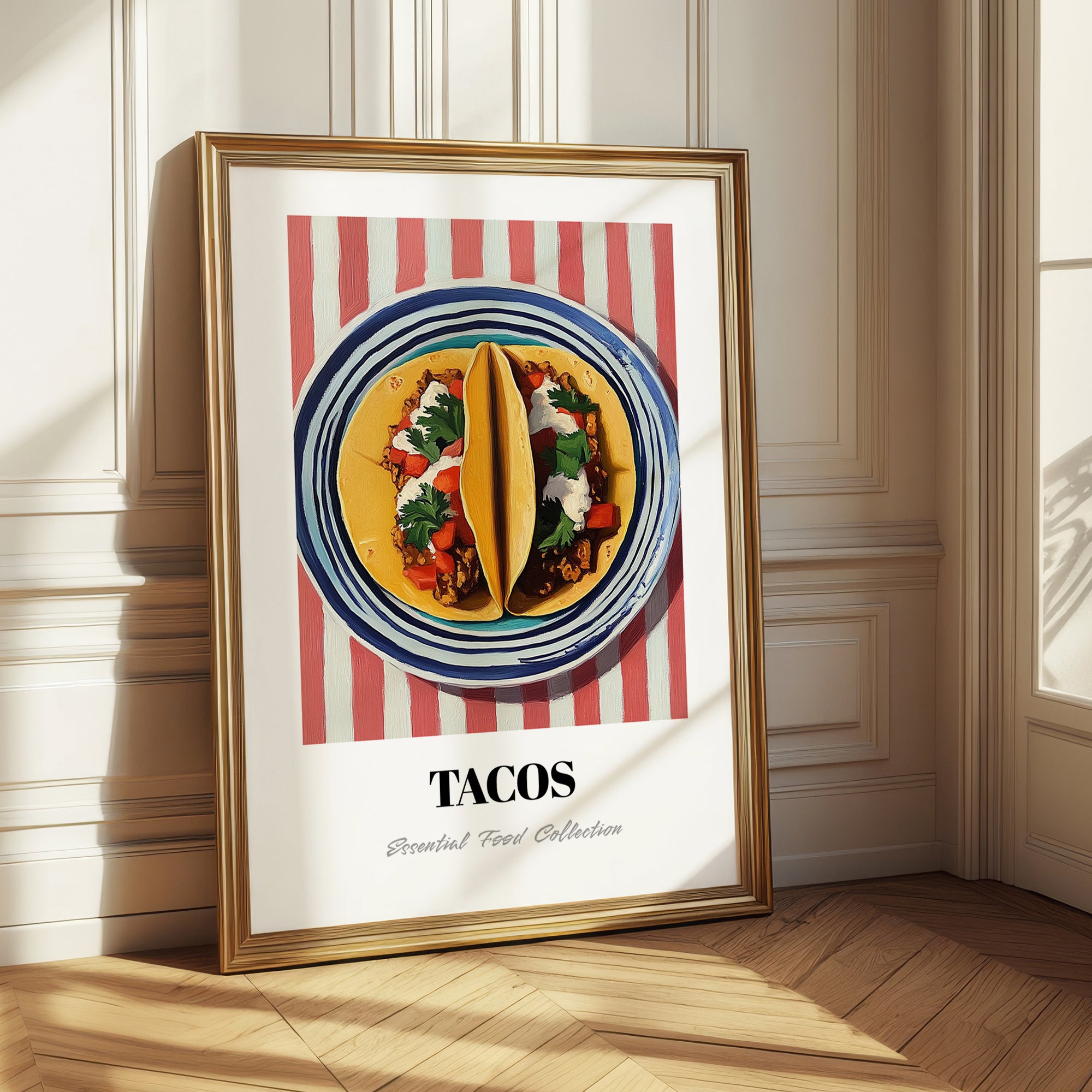 Tacos – on Striped Tablecloth, Mexican Food Art