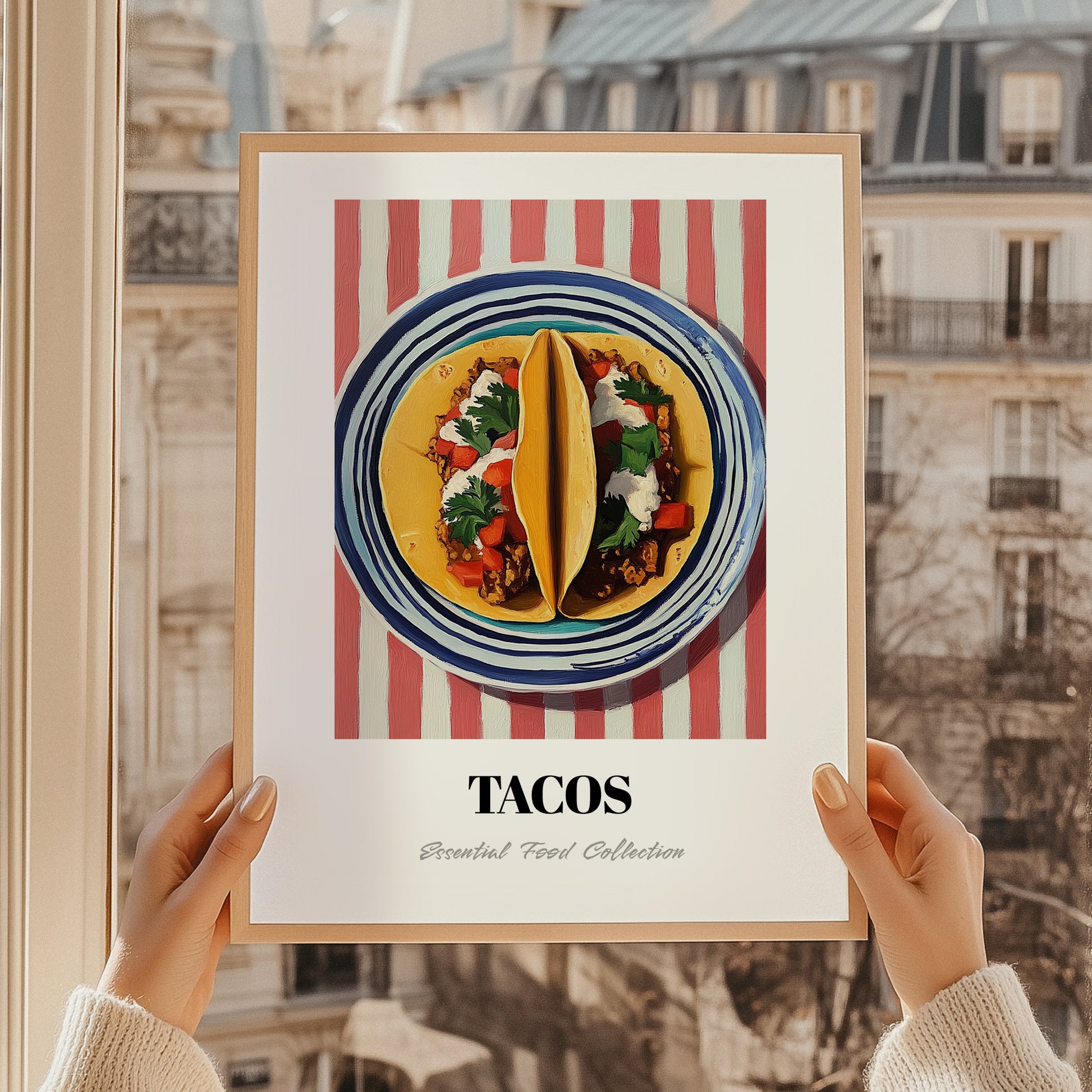 Tacos – on Striped Tablecloth, Mexican Food Art, styled in a charming Paris street view