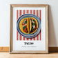 Tacos – on Striped Tablecloth, Mexican Food Art, in wooden frame leaning on the floor