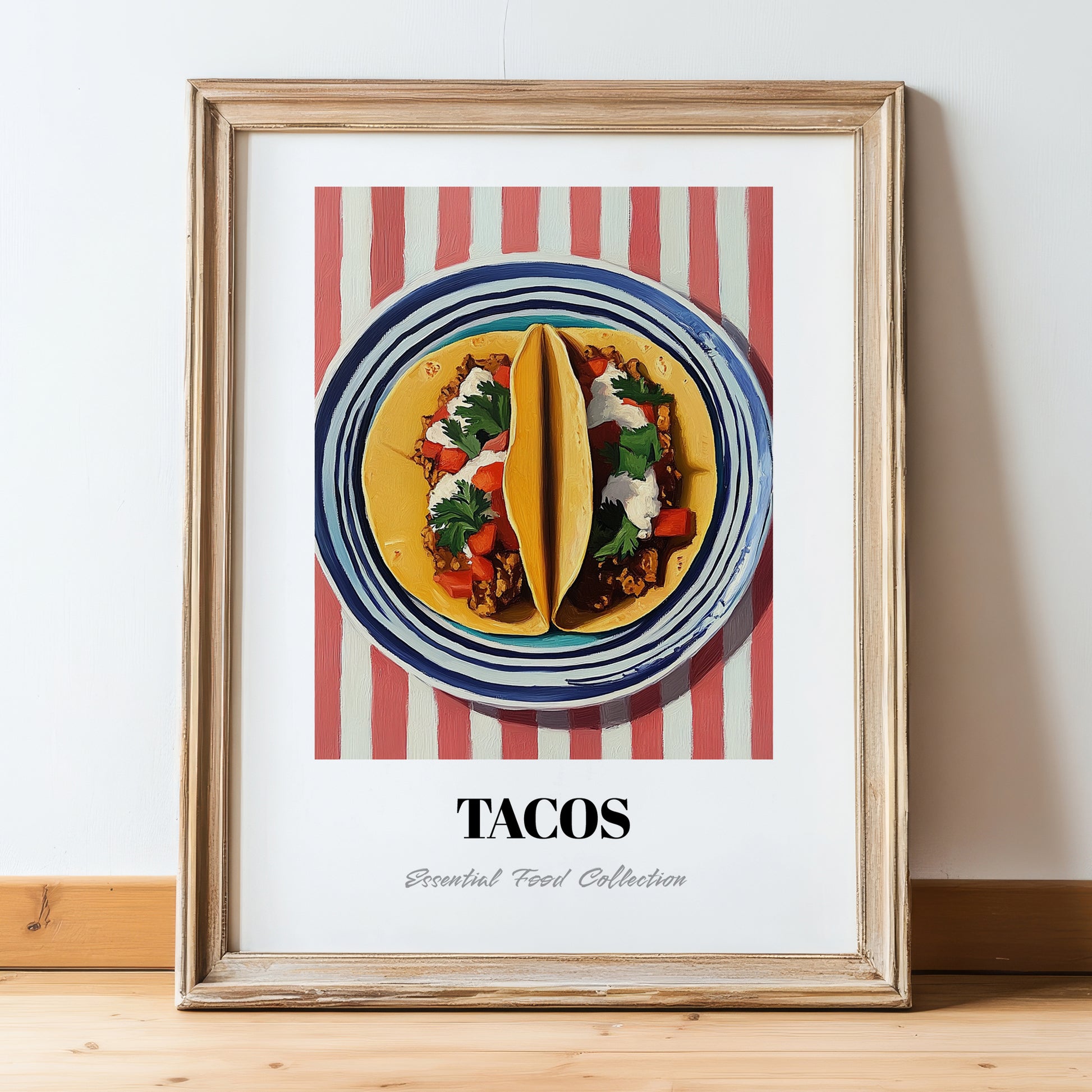 Tacos – on Striped Tablecloth, Mexican Food Art, in wooden frame leaning on the floor