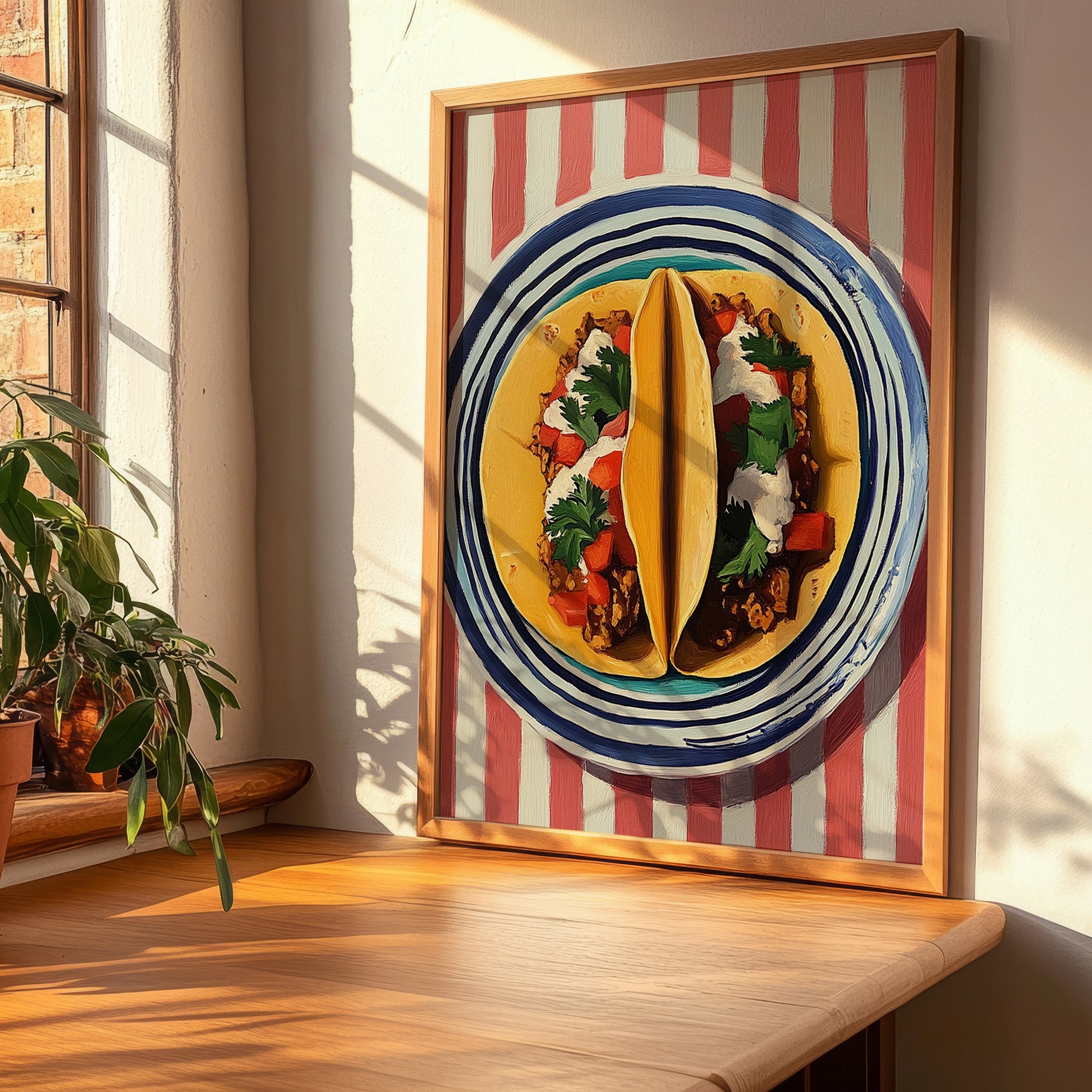 Tacos – on Striped Tablecloth, Mexican Food Art, clean layout with no caption