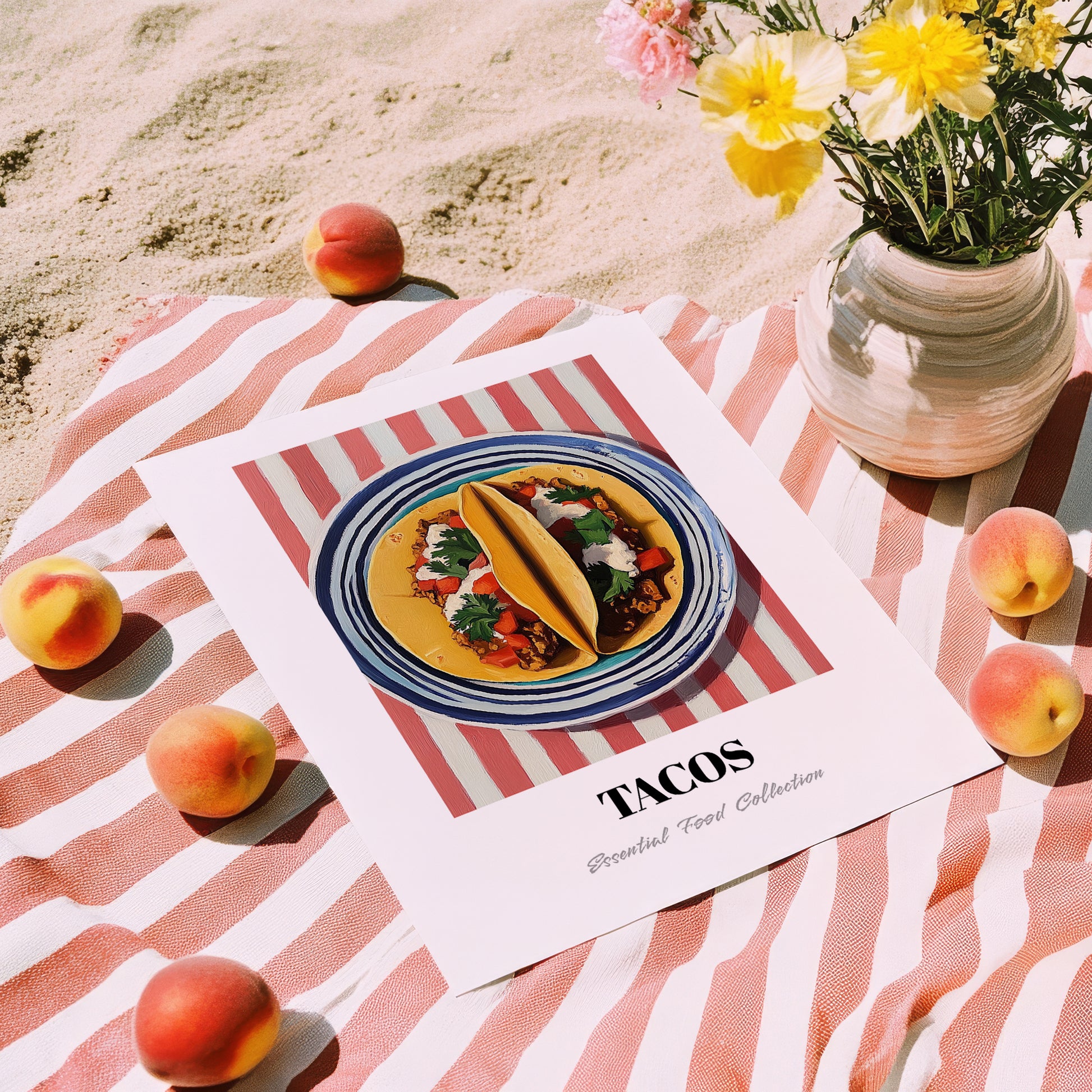 Tacos – on Striped Tablecloth, Mexican Food Art, unframed on coastal sand