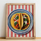 Tacos – on Striped Tablecloth, Mexican Food Art, no-text version framed in wood