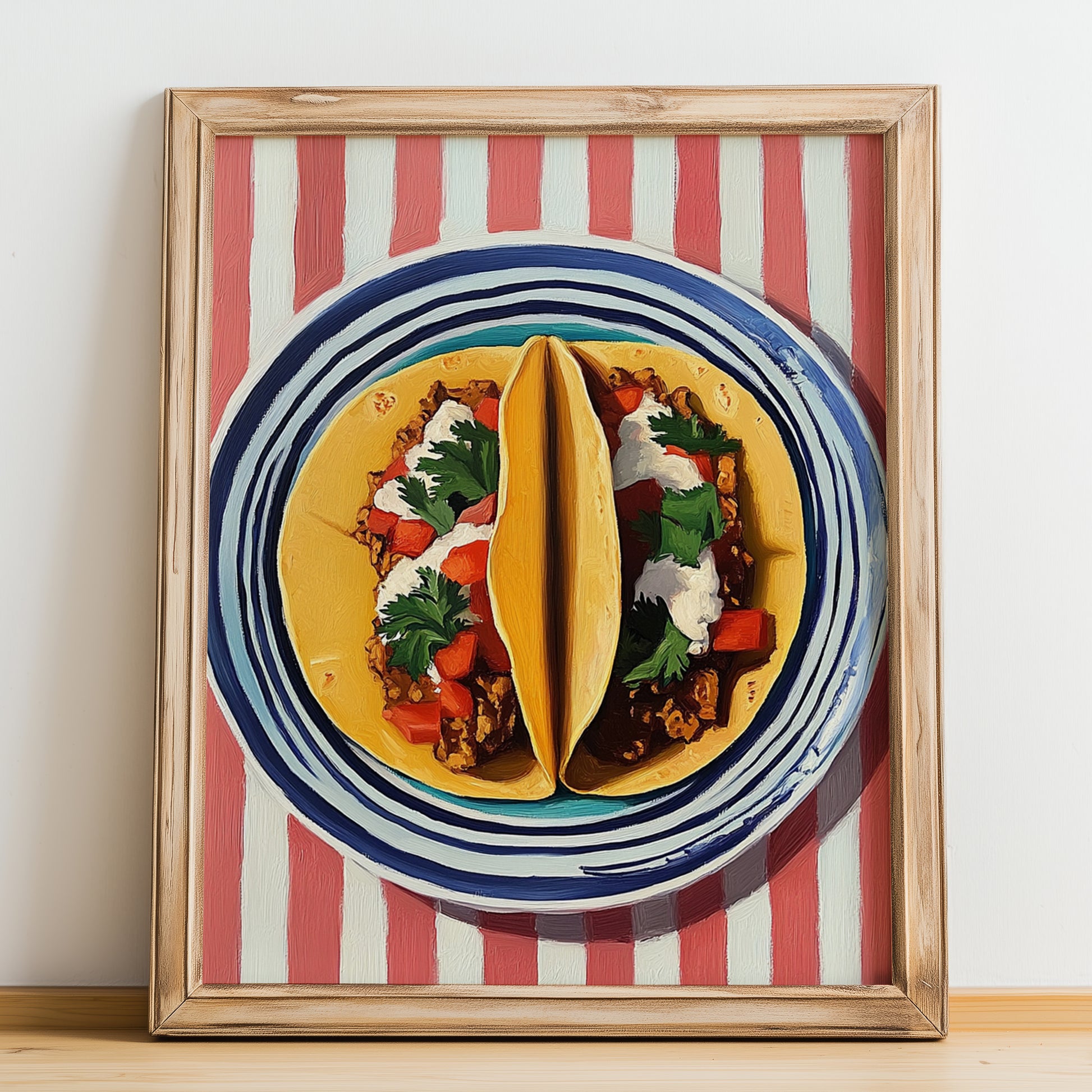 Tacos – on Striped Tablecloth, Mexican Food Art, no-text version framed in wood