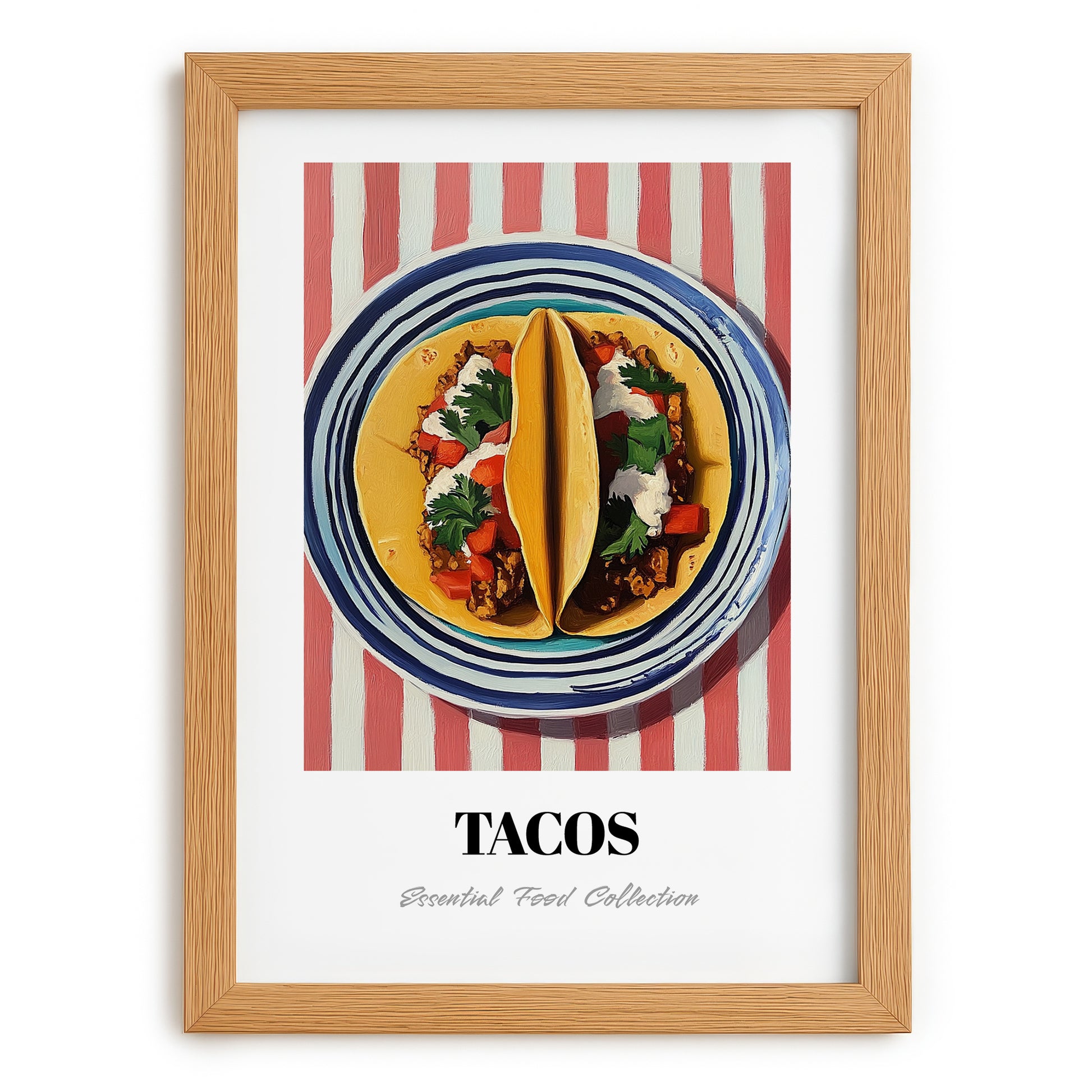 Tacos – on Striped Tablecloth, Mexican Food Art, set in oak frame