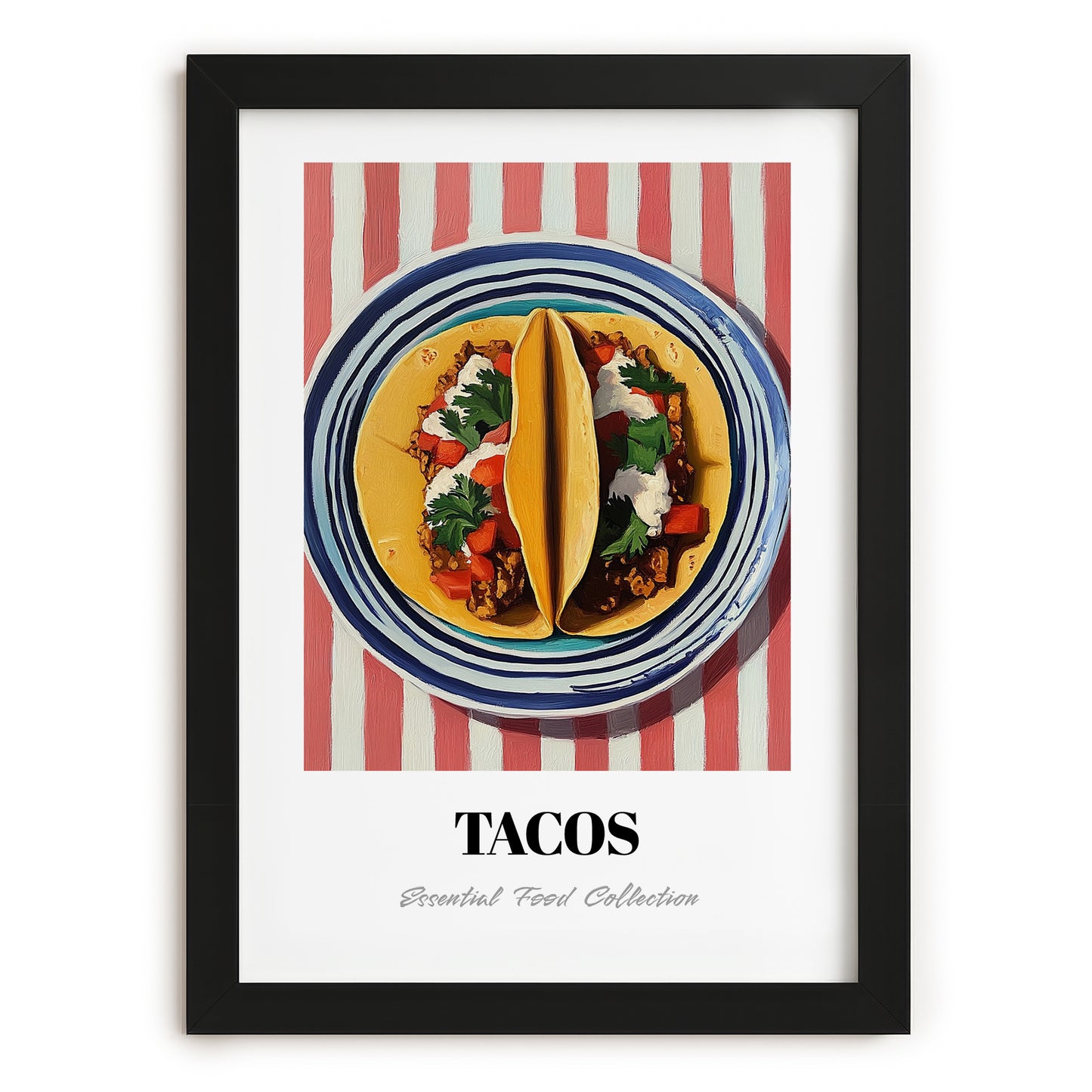Tacos – on Striped Tablecloth, Mexican Food Art, in sleek black frame